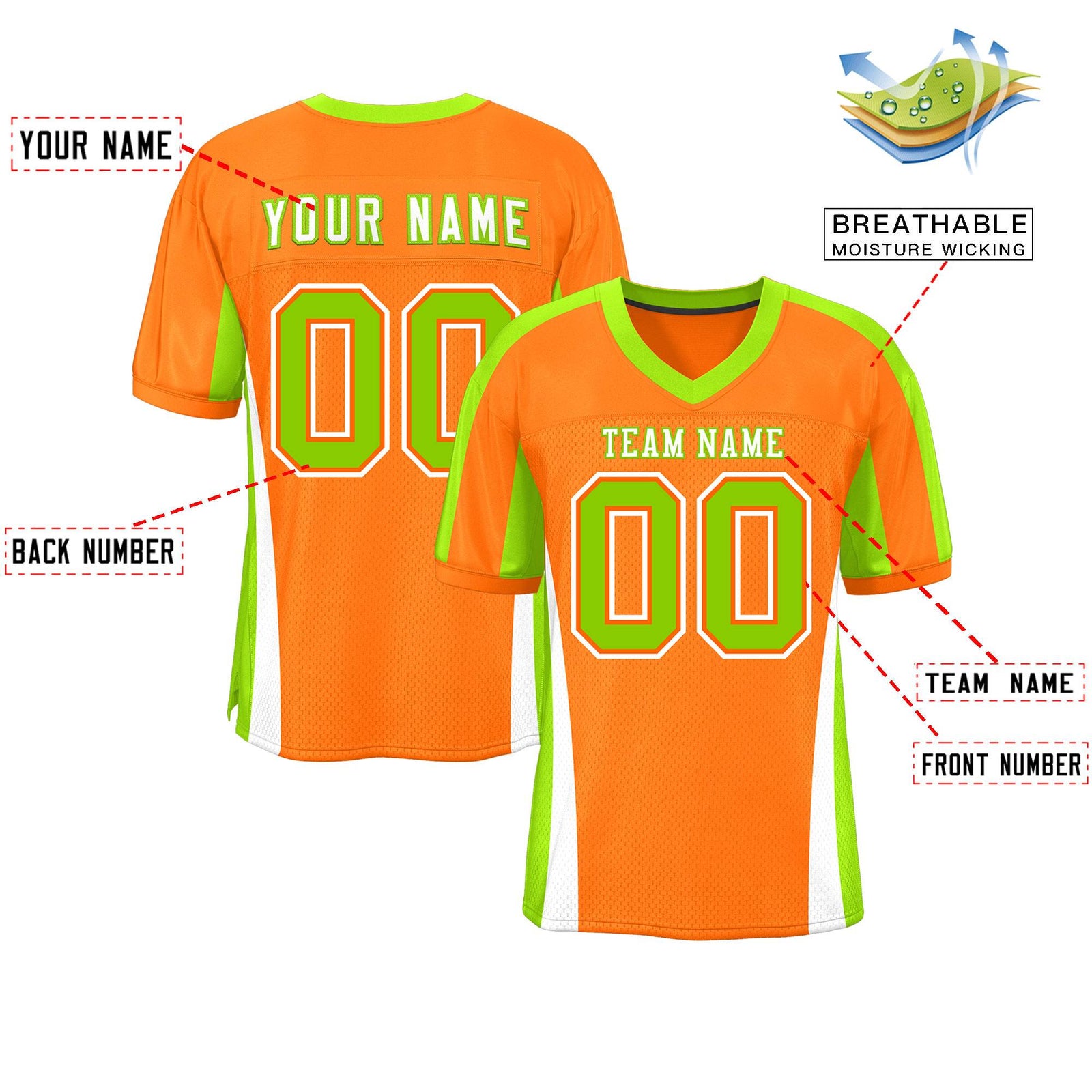 Custom Orange Color Block Mesh Authentic Football Jersey
