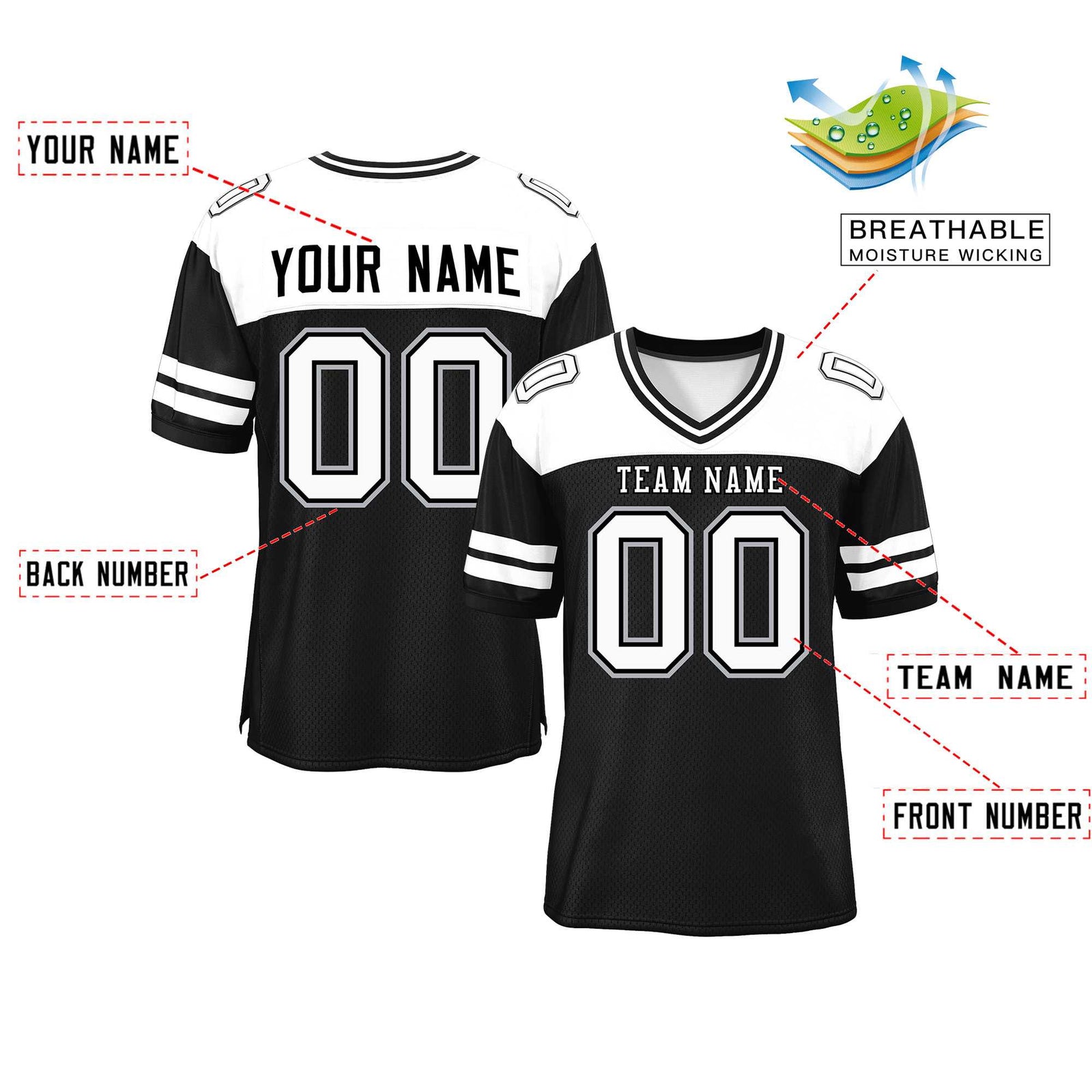 Custom Black White Personalized Color Block Authentic Football Jersey