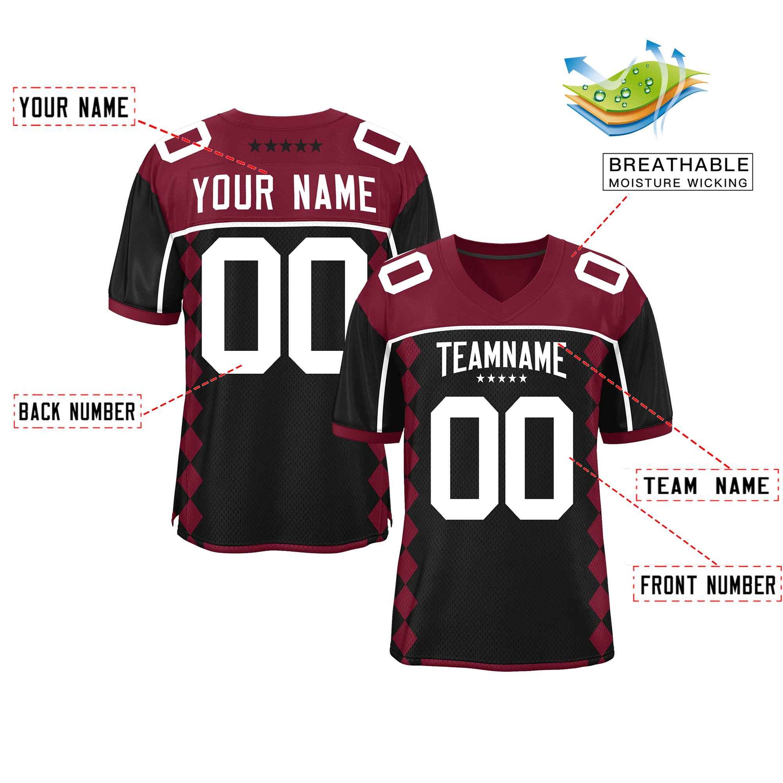 Custom Cardinal Black Raglan Sleeves Side Blocks Pattern Authentic Football Jersey