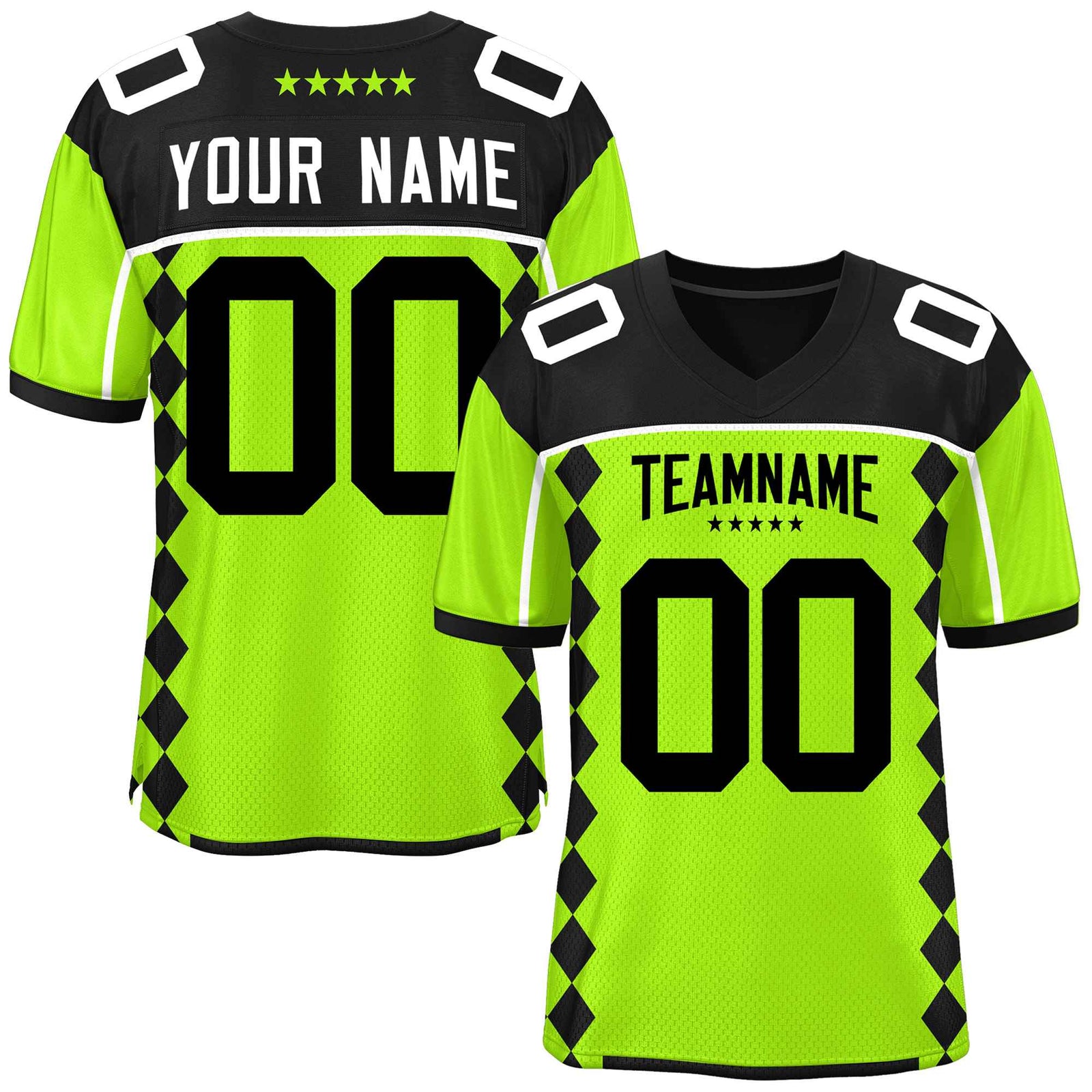 Custom Black Neon Green Raglan Sleeves Side Blocks Pattern Authentic Football Jersey