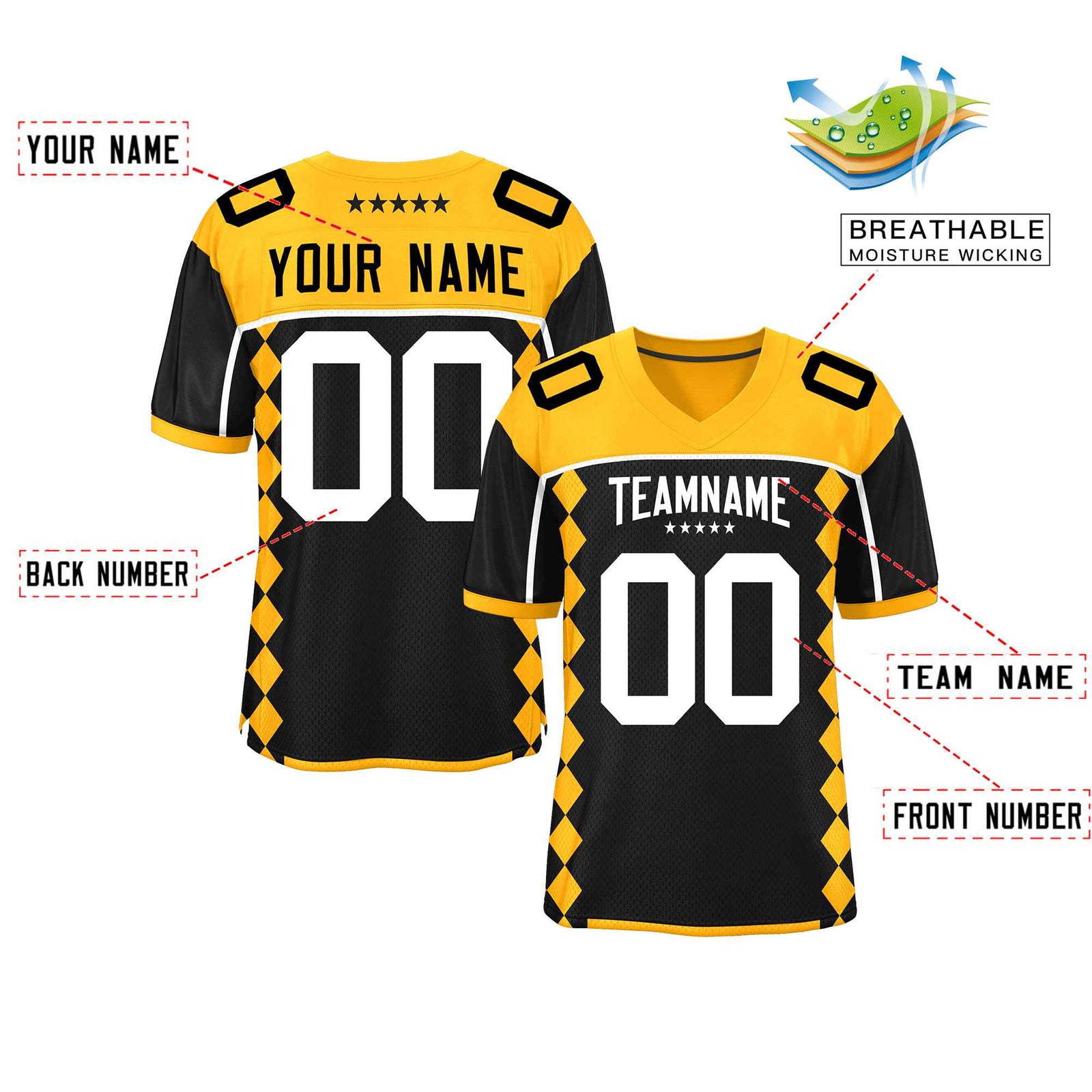 Custom Yellow Black Raglan Sleeves Side Blocks Pattern Authentic Football Jersey