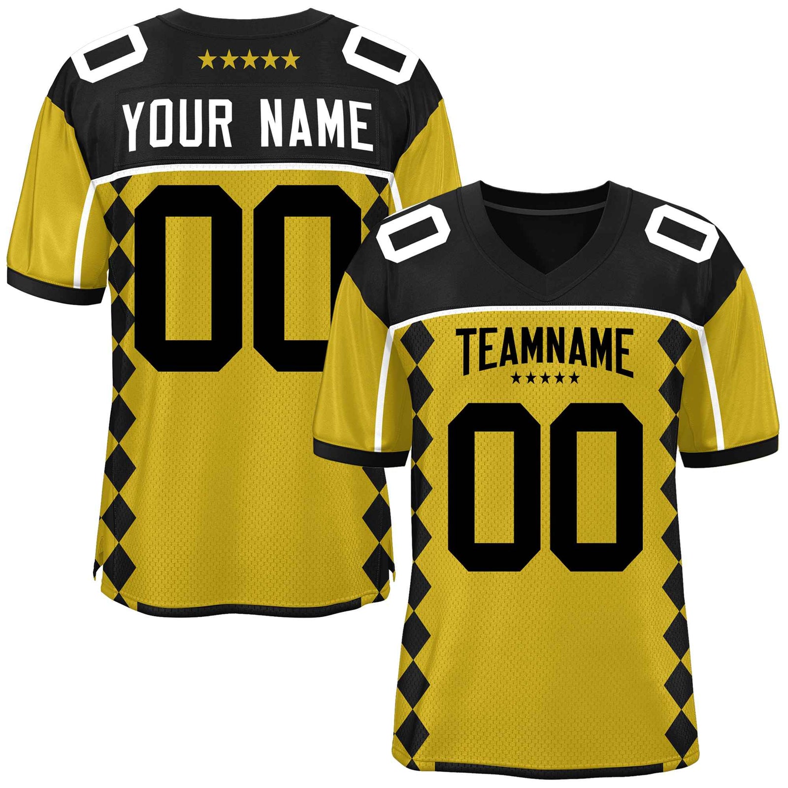 Custom Black Old Gold Raglan Sleeves Side Blocks Pattern Authentic Football Jersey