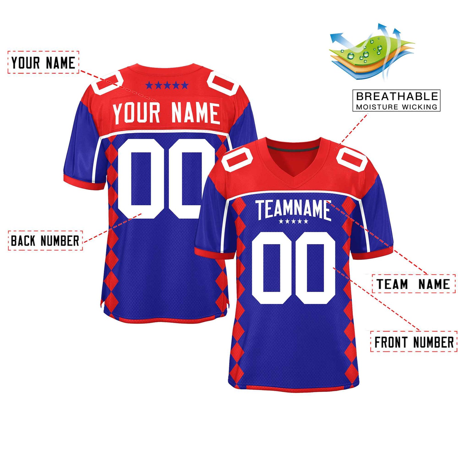 Custom Royal Red Raglan Sleeves Side Blocks Pattern Authentic Football Jersey
