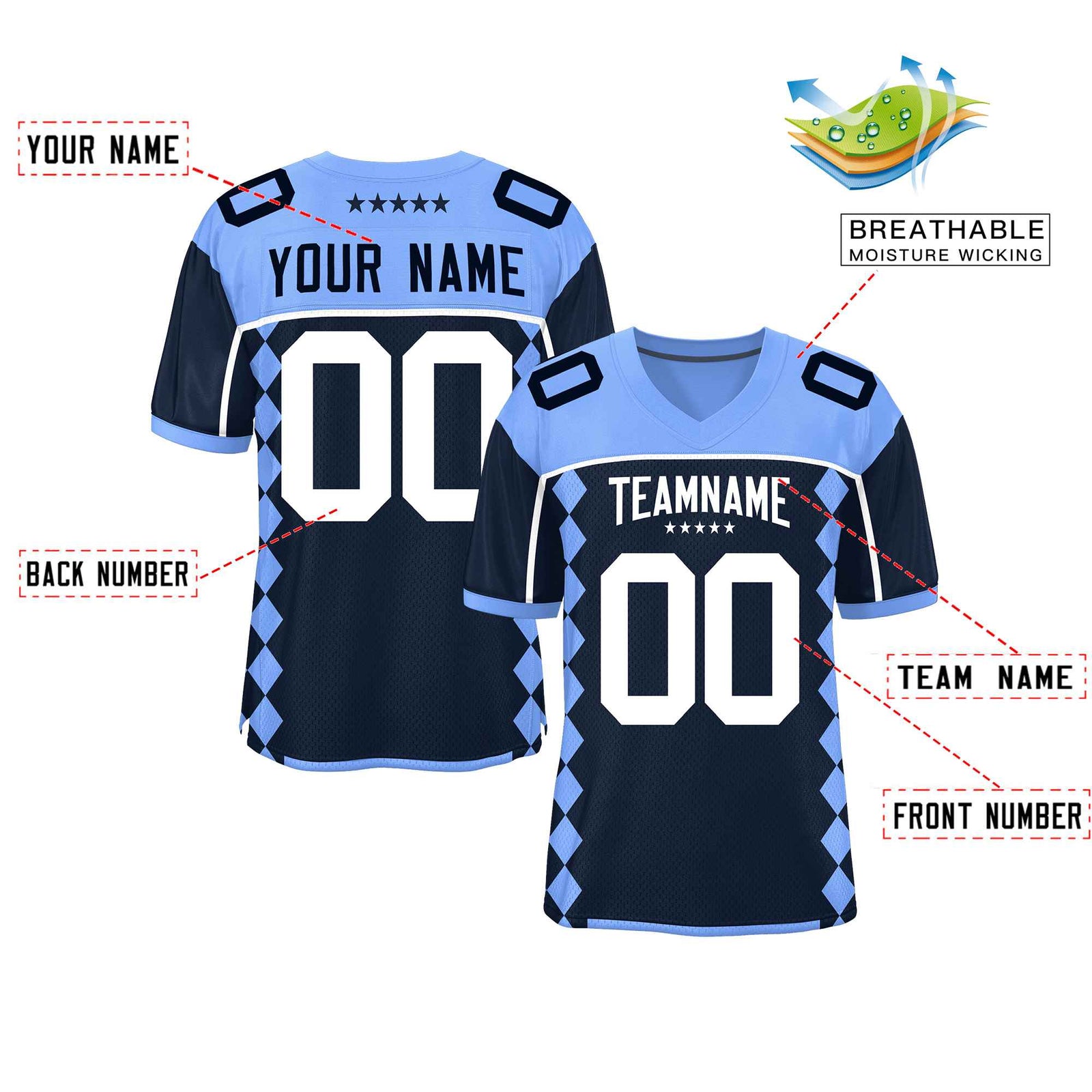 Custom Light Blue Navy Raglan Sleeves Side Blocks Pattern Authentic Football Jersey