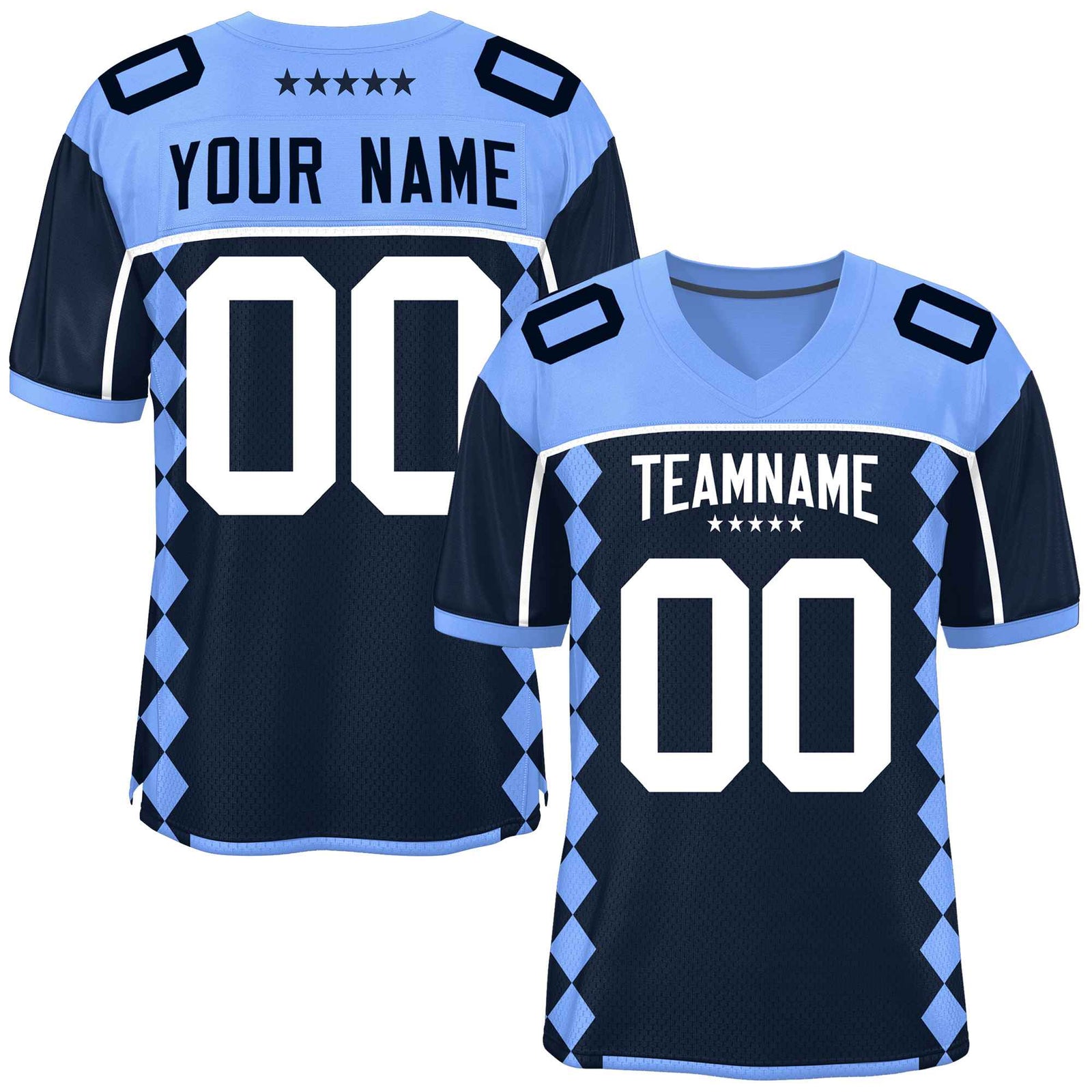 Custom Light Blue Navy Raglan Sleeves Side Blocks Pattern Authentic Football Jersey