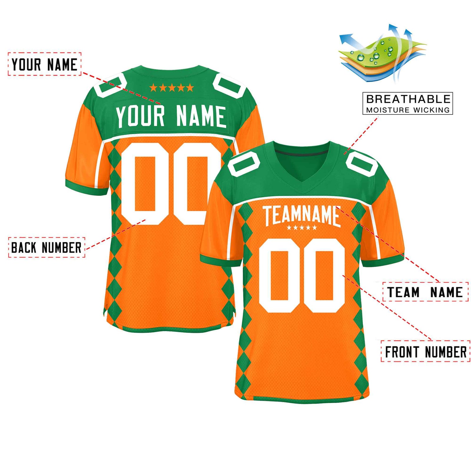 Custom Kelly Green Orange Raglan Sleeves Side Blocks Pattern Authentic Football Jersey