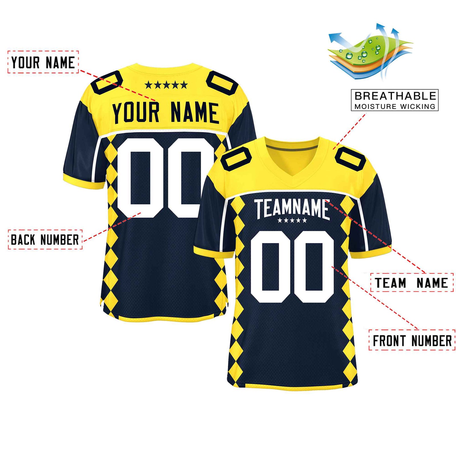 Custom Gold Navy Raglan Sleeves Side Blocks Pattern Authentic Football Jersey