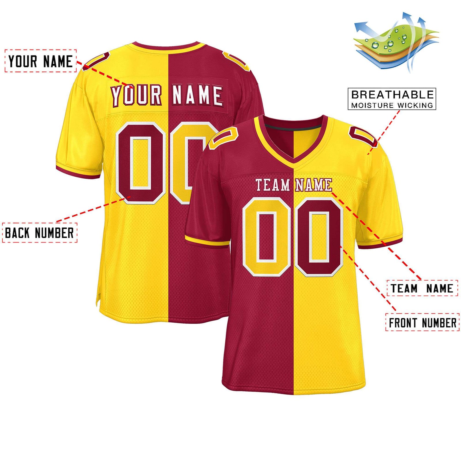 Custom Red Gold Personalized Split Two Tone Design Authentic Football Jersey