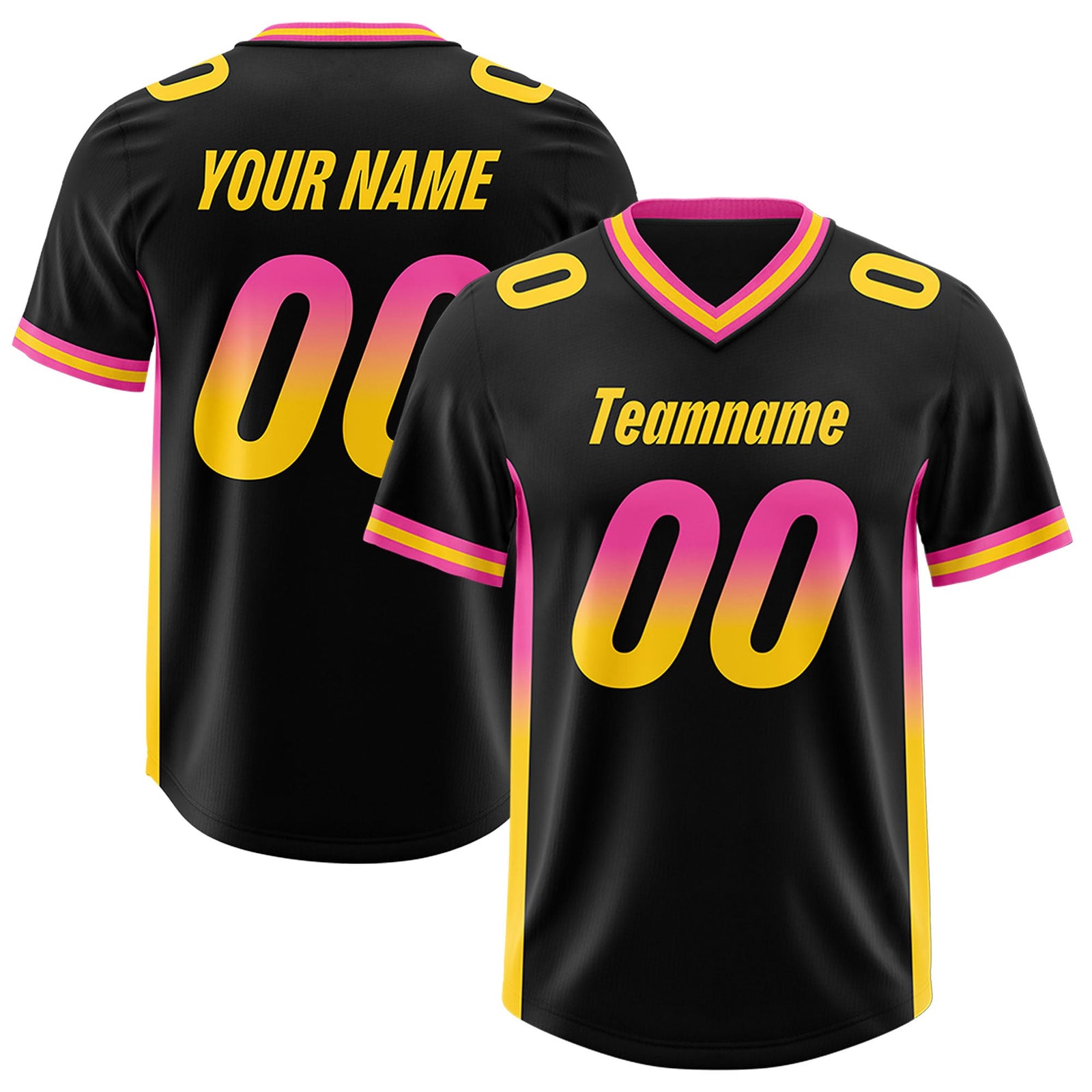 Custom Black Pink and Gold Sides Gradient Fashion Personalized Team Football Jersey