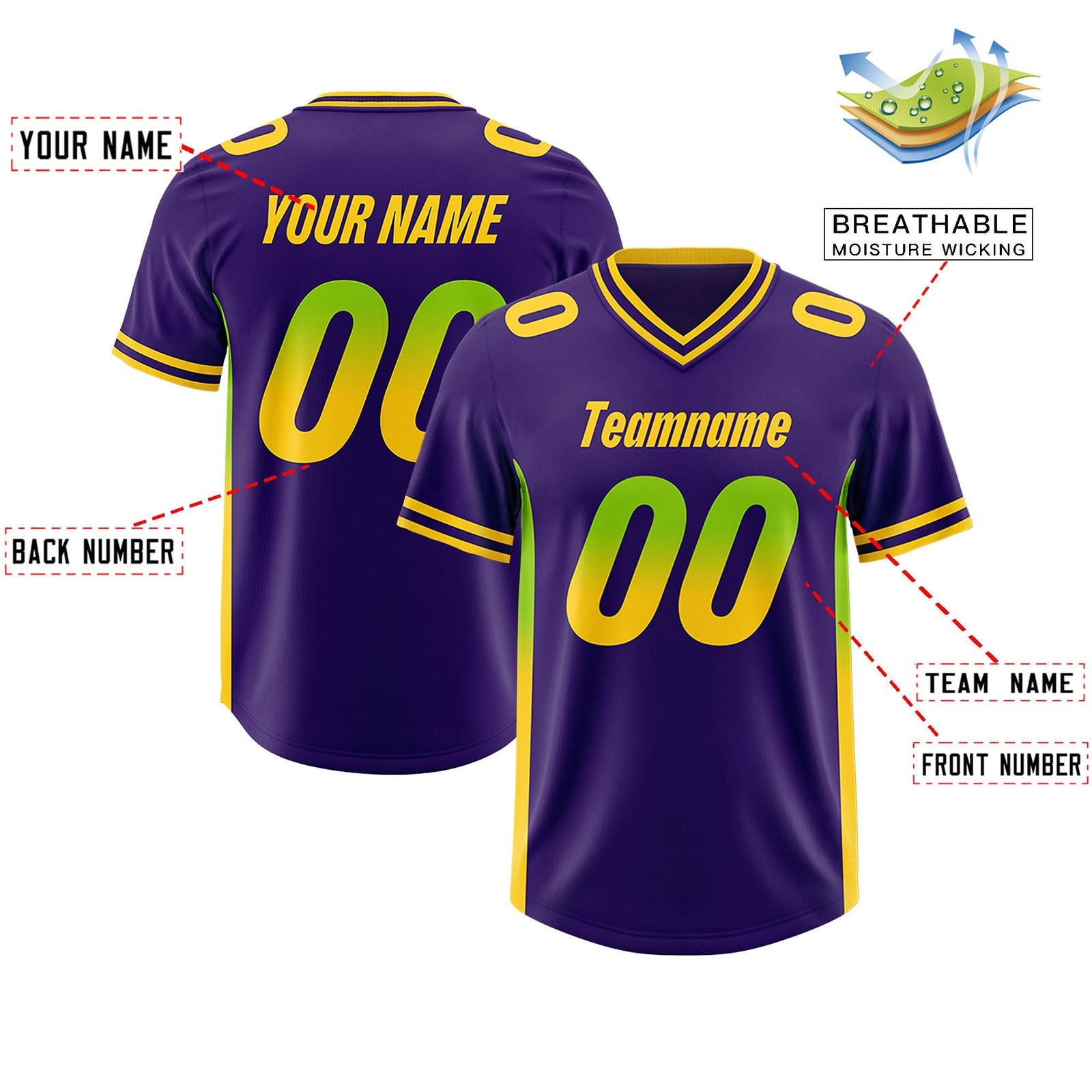 Custom Purple Neon Green and Gold Sides Gradient Fashion Personalized Team Football Jersey