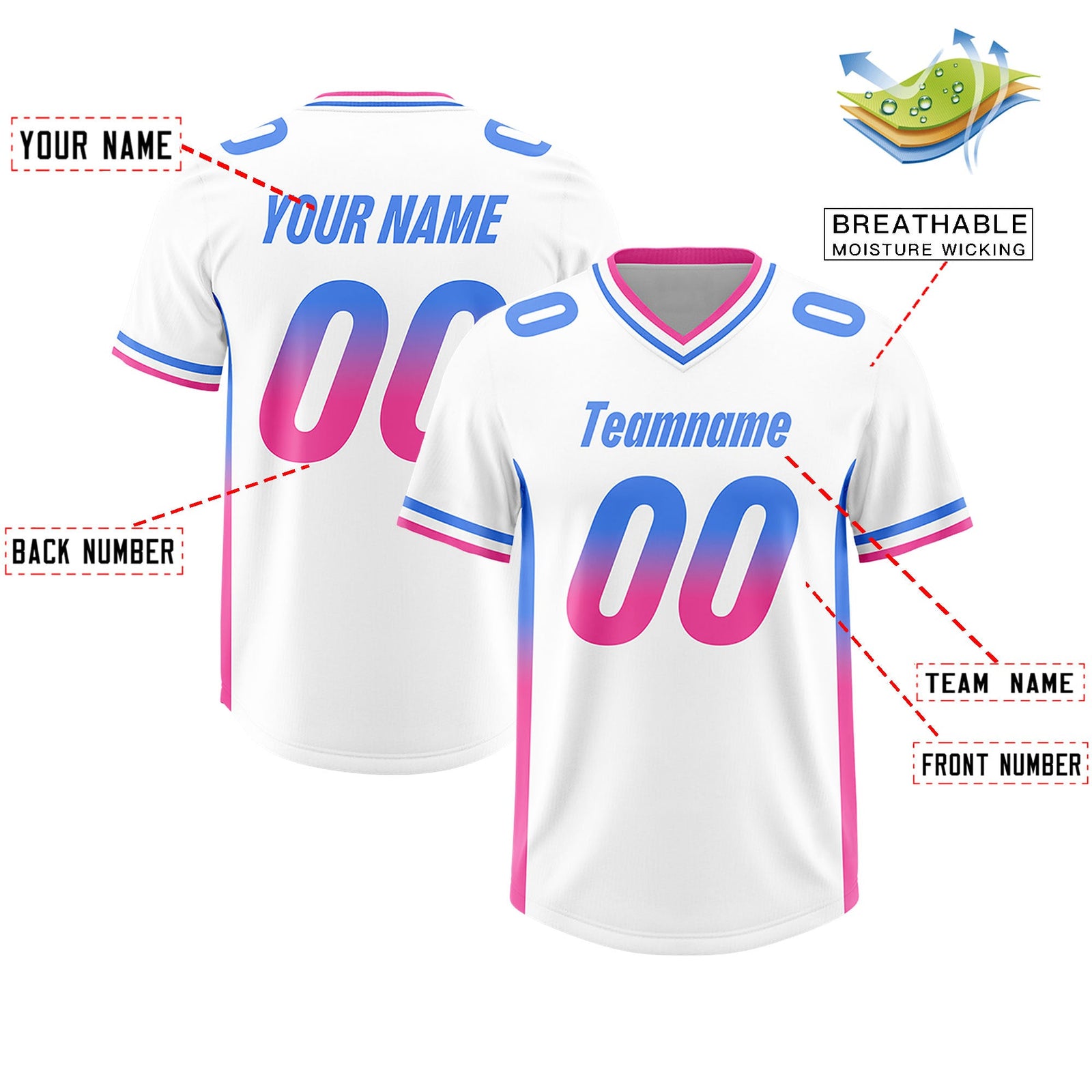 Custom White Powder Blue and Pink Sides Gradient Fashion Personalized Team Football Jersey