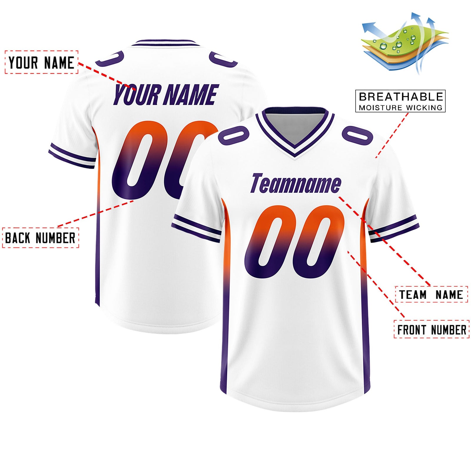 Custom White Orange and Purple Sides Gradient Fashion Personalized Team Football Jersey
