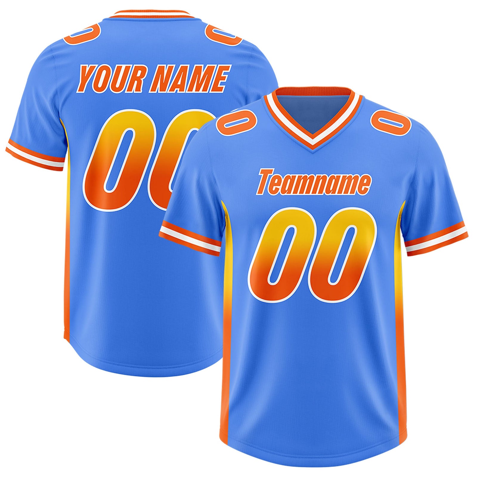 Custom Powder Blue Gold and Sides Gradient Fashion Personalized Team Football Jersey