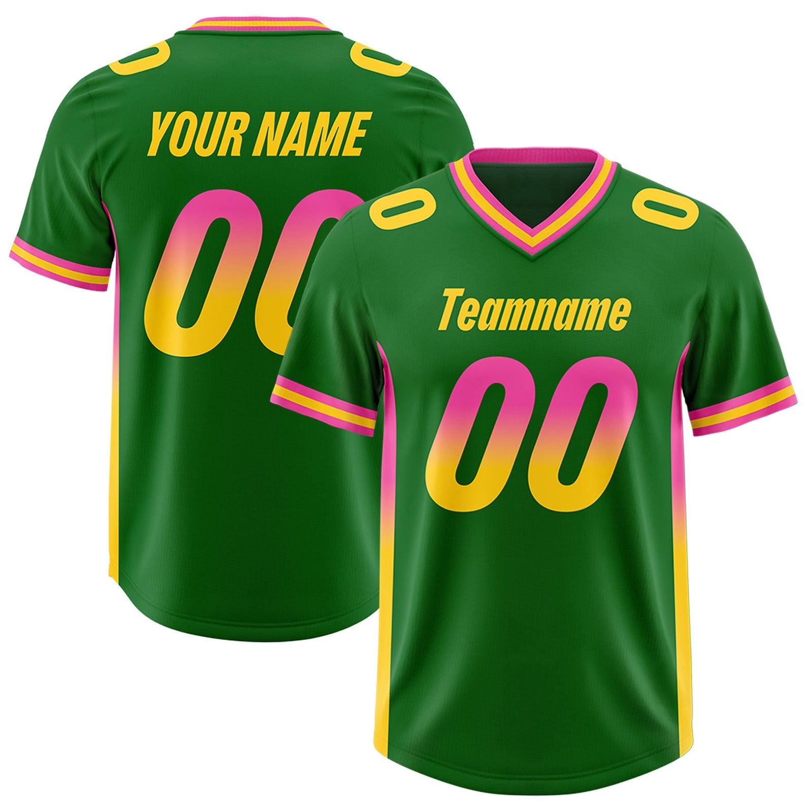 Custom Kelly Green Pink and Gold Sides Gradient Fashion Personalized Team Football Jersey
