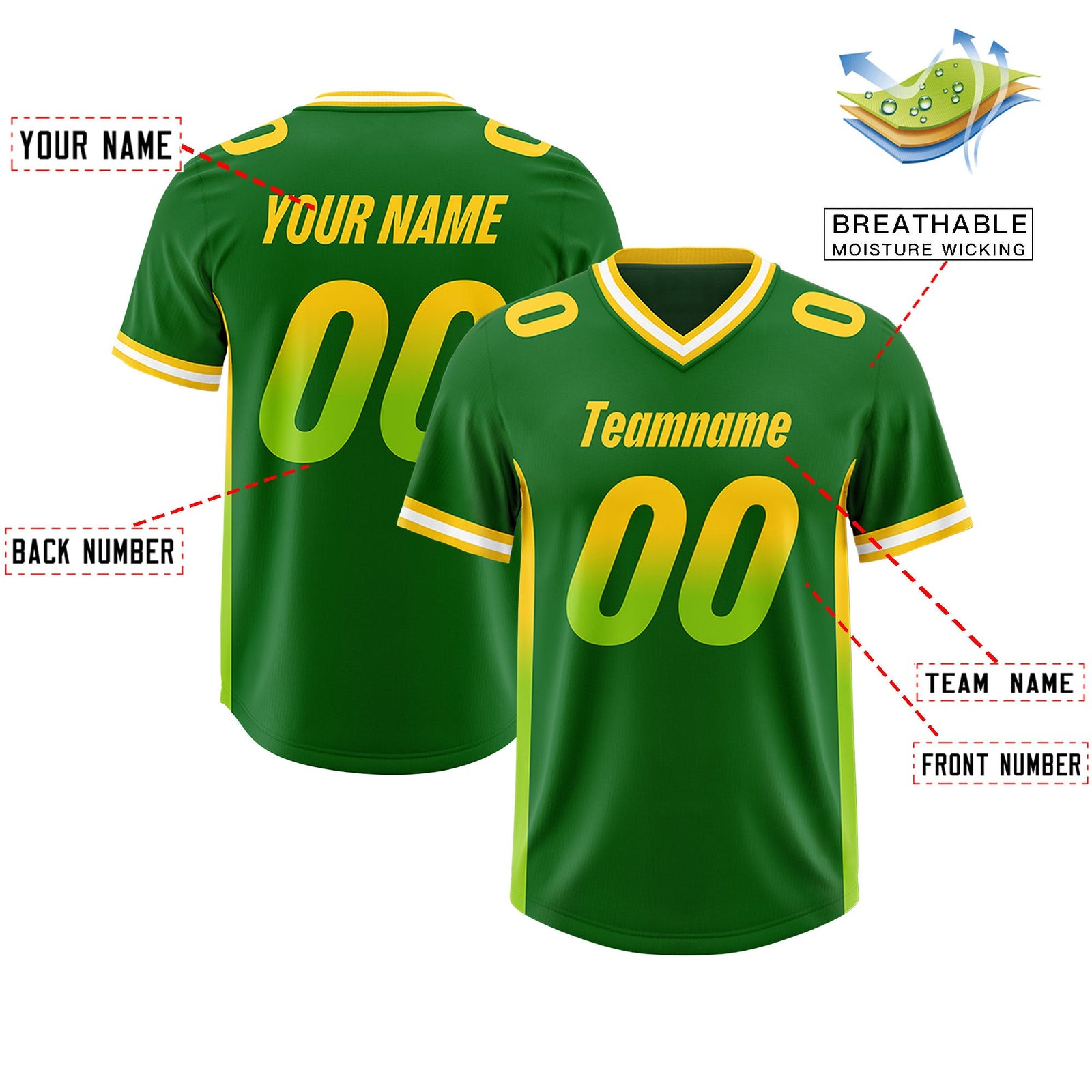 Custom Kelly Green Gold Sides Gradient Fashion Personalized Team Football Jersey