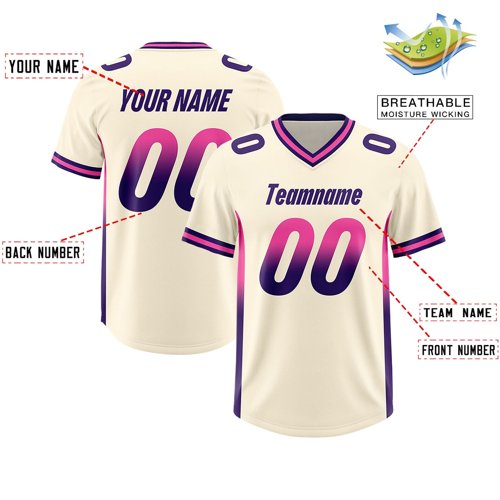 Custom Cream Pink and Purple Sides Gradient Fashion Personalized Team Football Jersey
