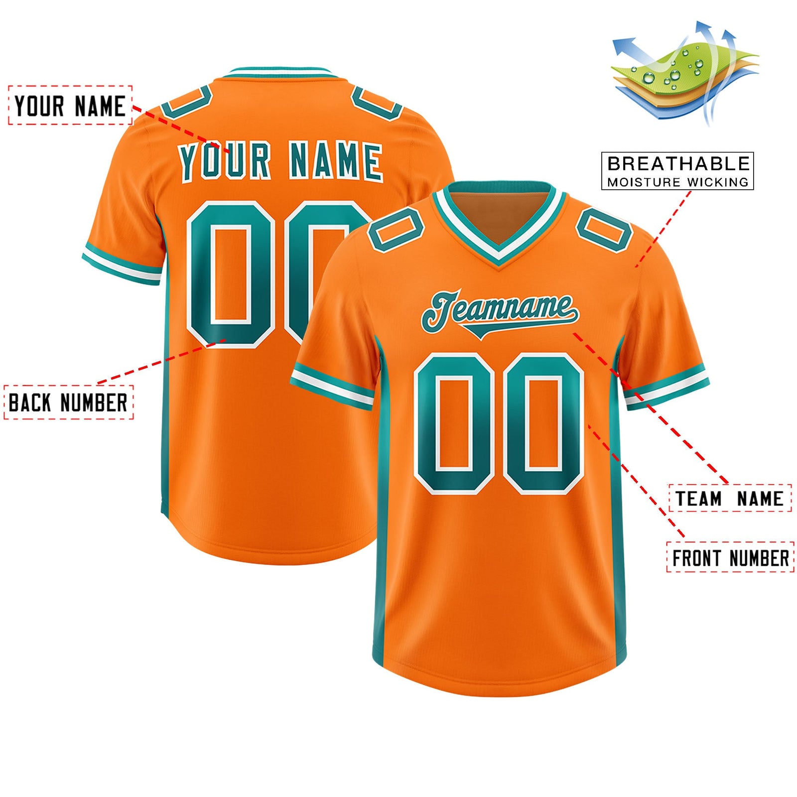 Custom Orange Aqua and Aqua Sides Gradient Fashion Personalized Team Football Jersey