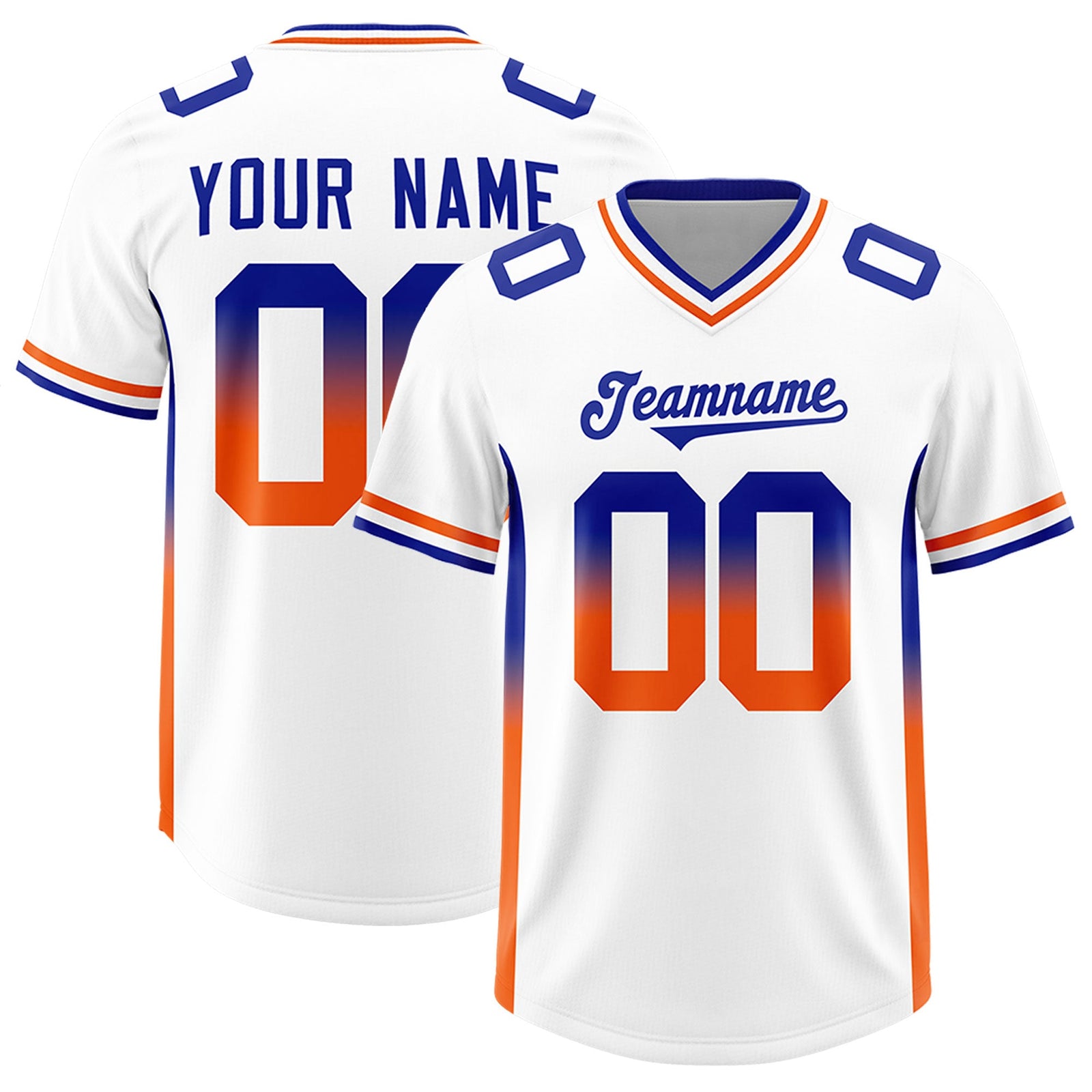 Custom White Royal and Orange Sides Gradient Fashion Personalized Team Football Jersey