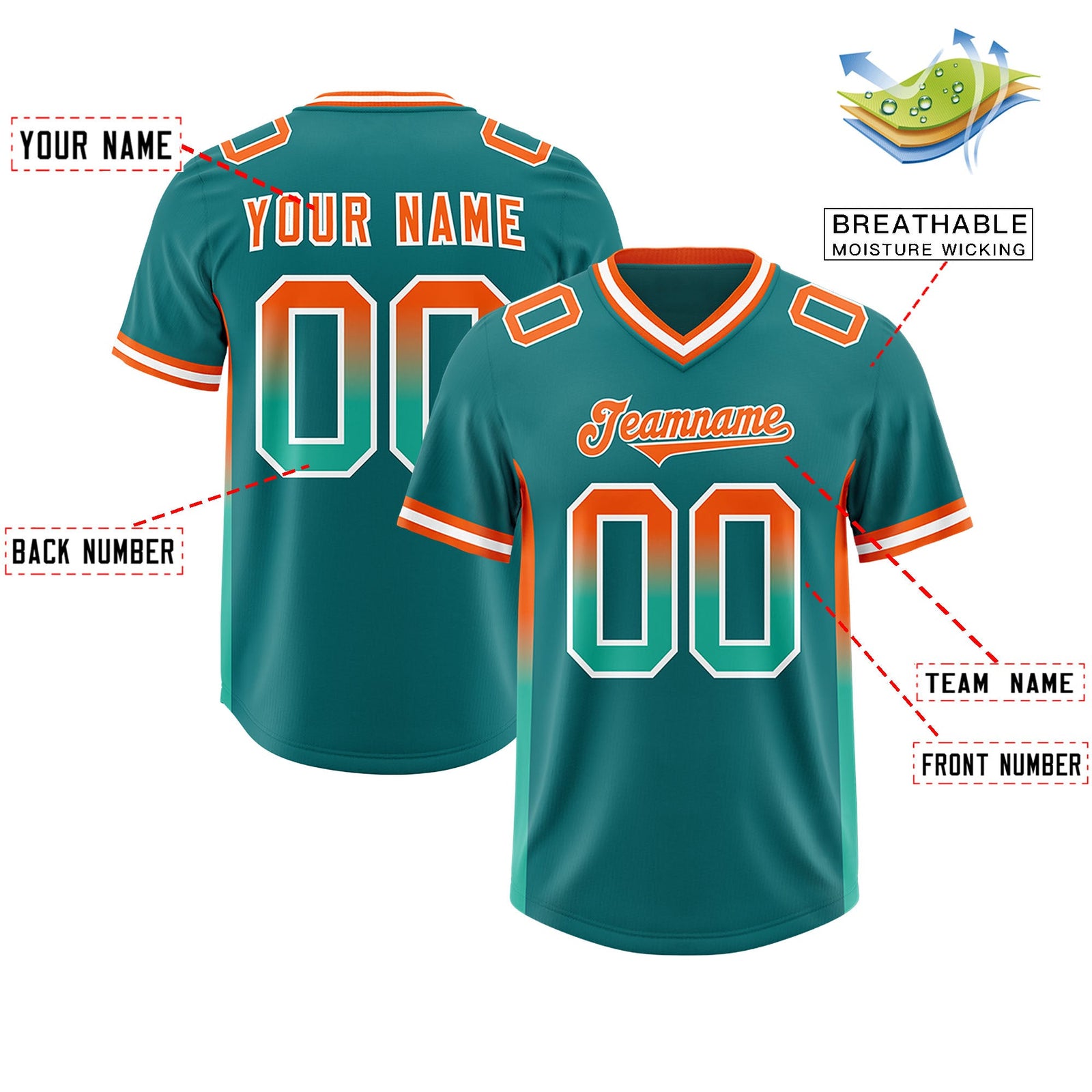 Custom Aqua Orange and Bright Green Sides Gradient Fashion Personalized Team Football Jersey