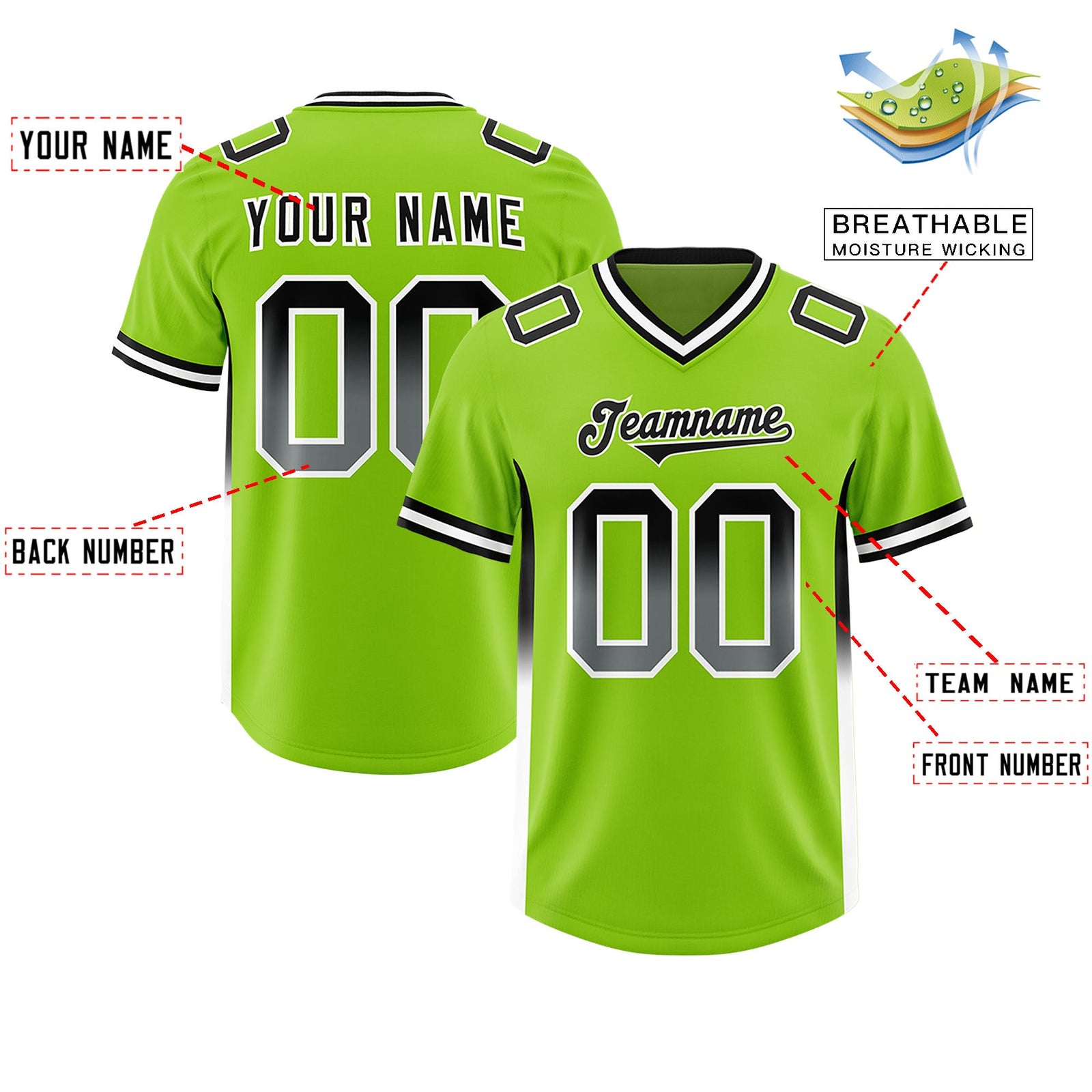 Custom Neon Green Black and White Sides Gradient Fashion Personalized Team Football Jersey