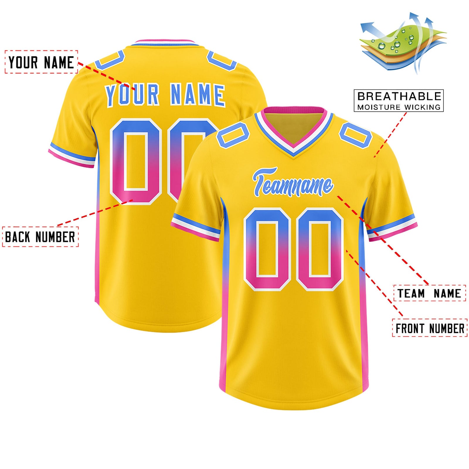 Custom Gold Powder Blue and Pink Sides Gradient Fashion Personalized Team Football Jersey
