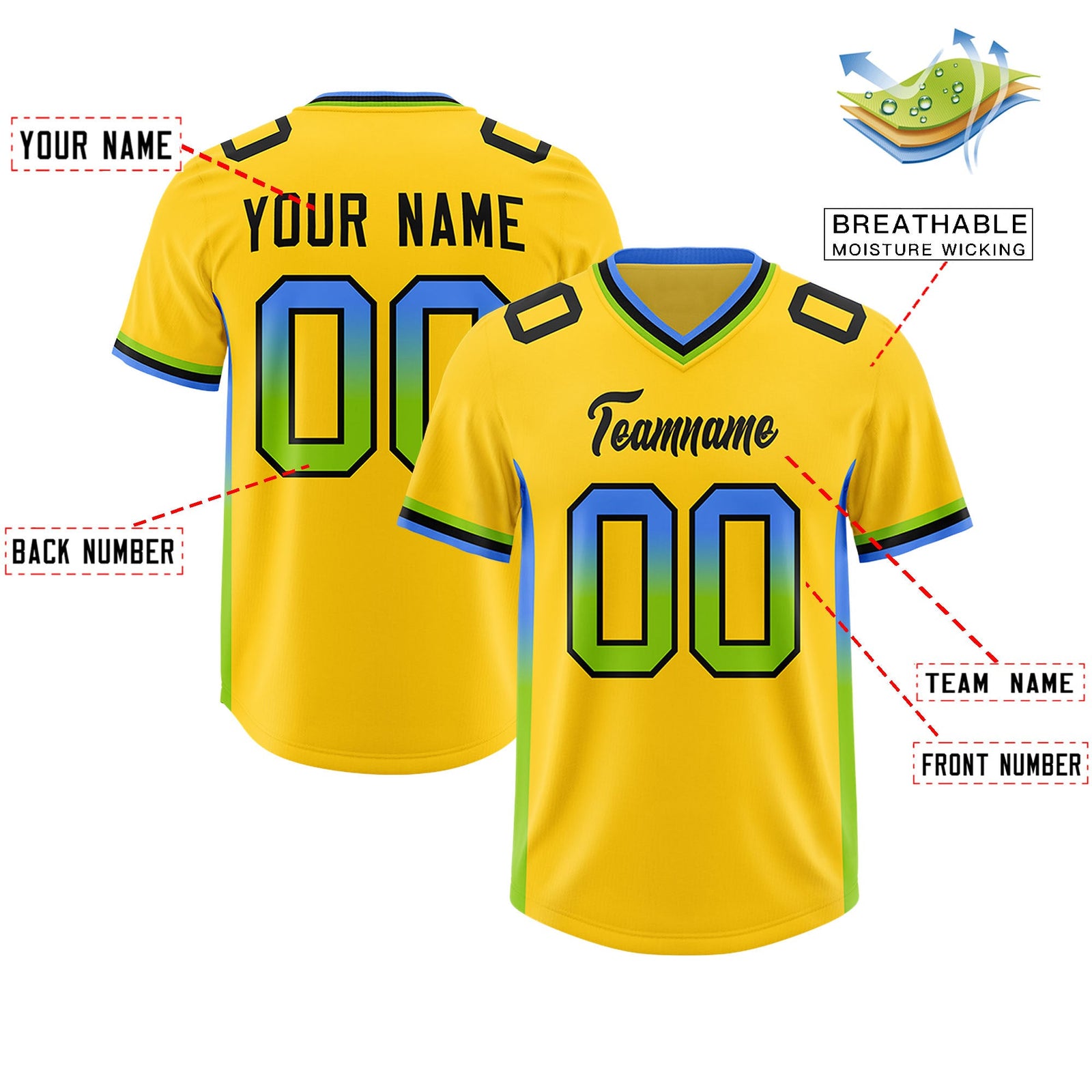 Custom Gold Powder Blue and Neon Green Sides Gradient Fashion Personalized Team Football Jersey