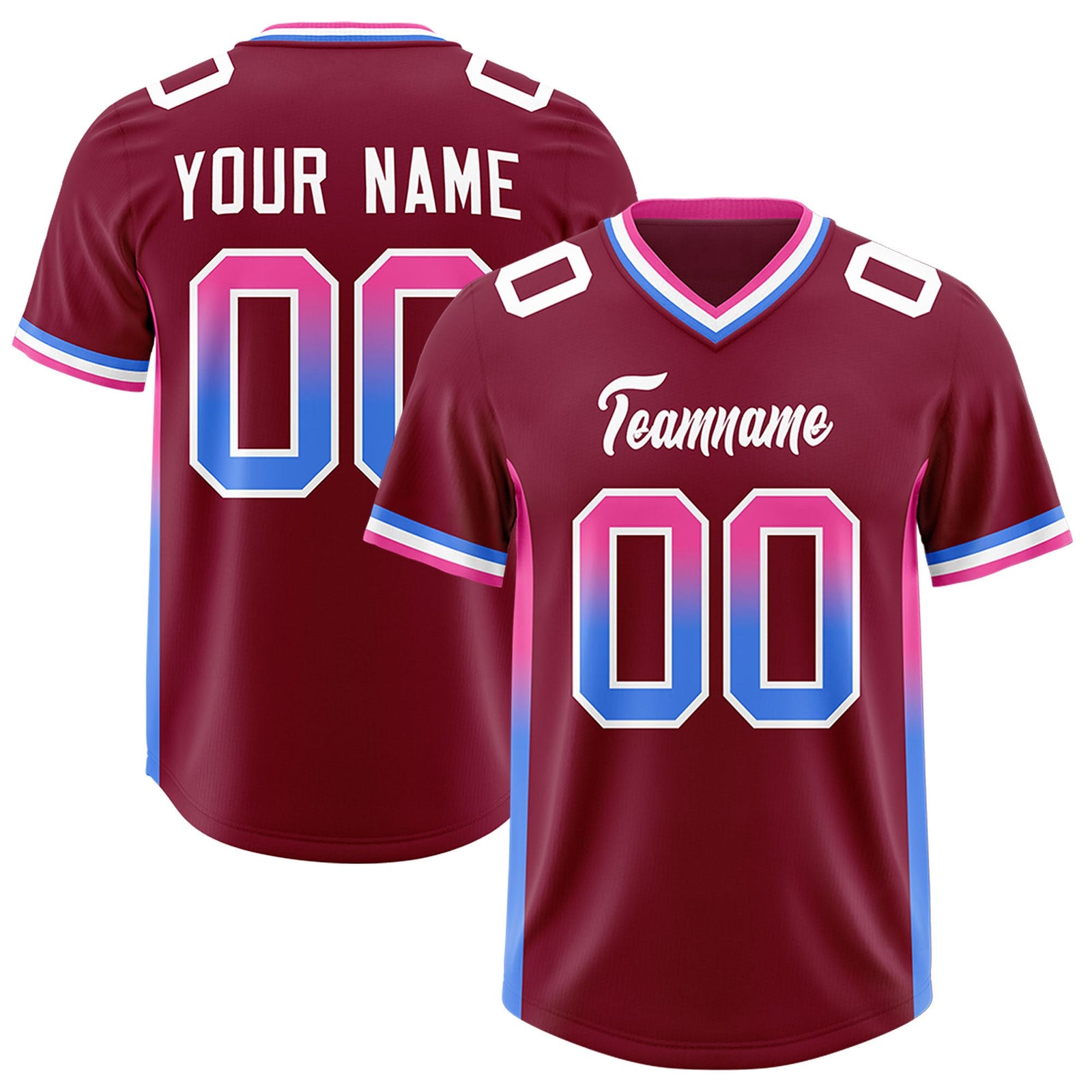 Custom Cardinal Pink and Powder Blue Sides Gradient Fashion Personalized Team Football Jersey
