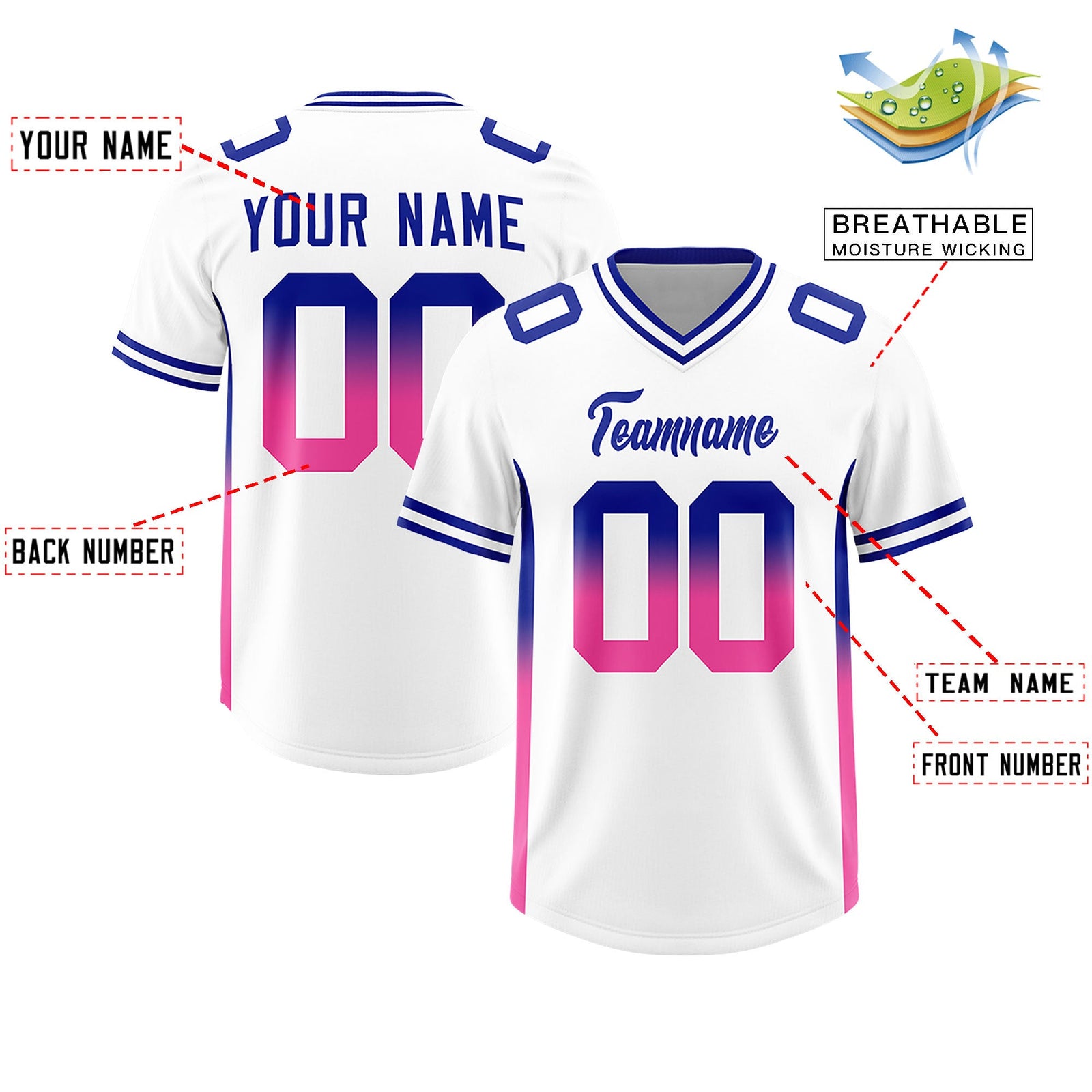 Custom White Royal and Pink Sides Gradient Fashion Personalized Team Football Jersey