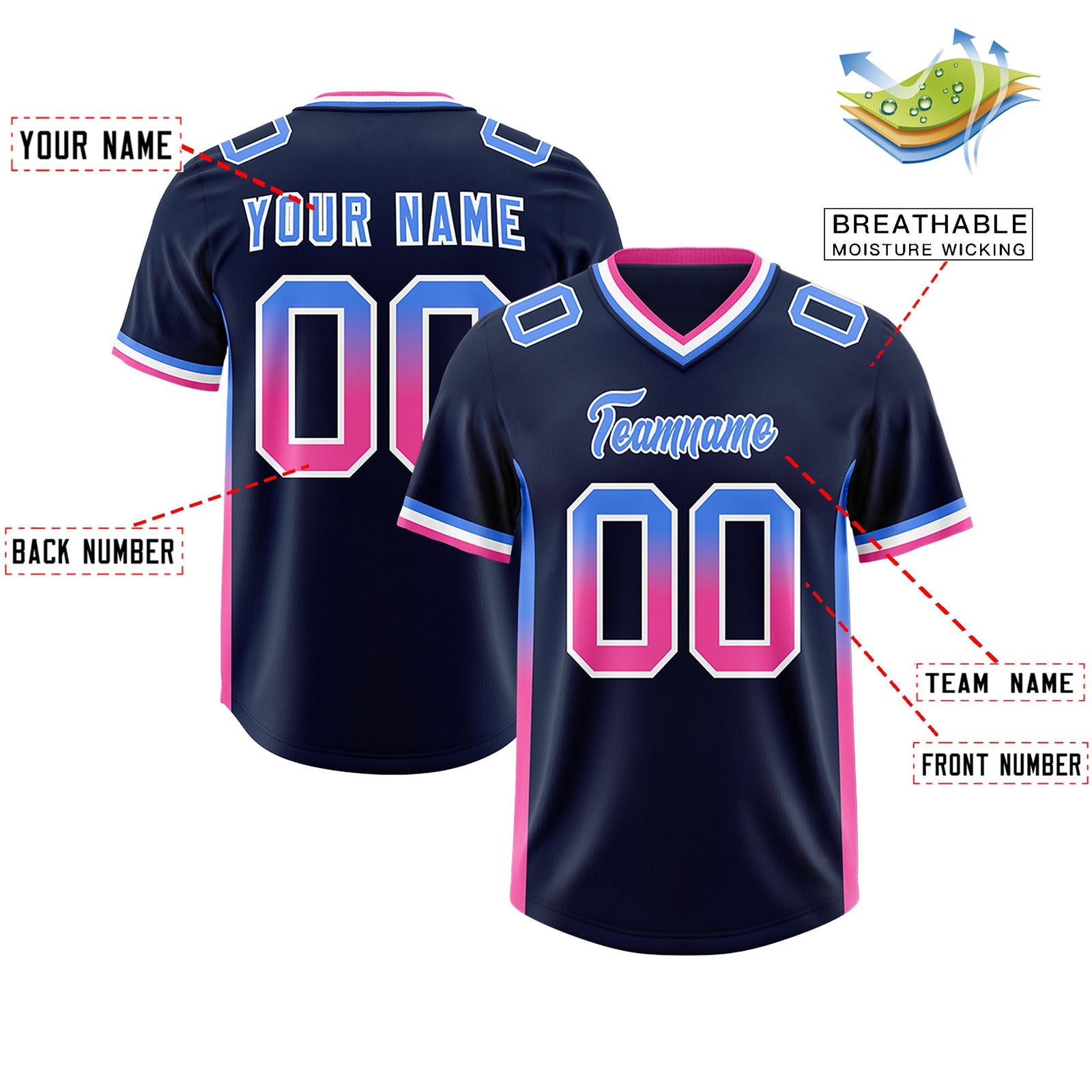 Custom Navy Powder Blue and Pink Sides Gradient Fashion Personalized Team Football Jersey