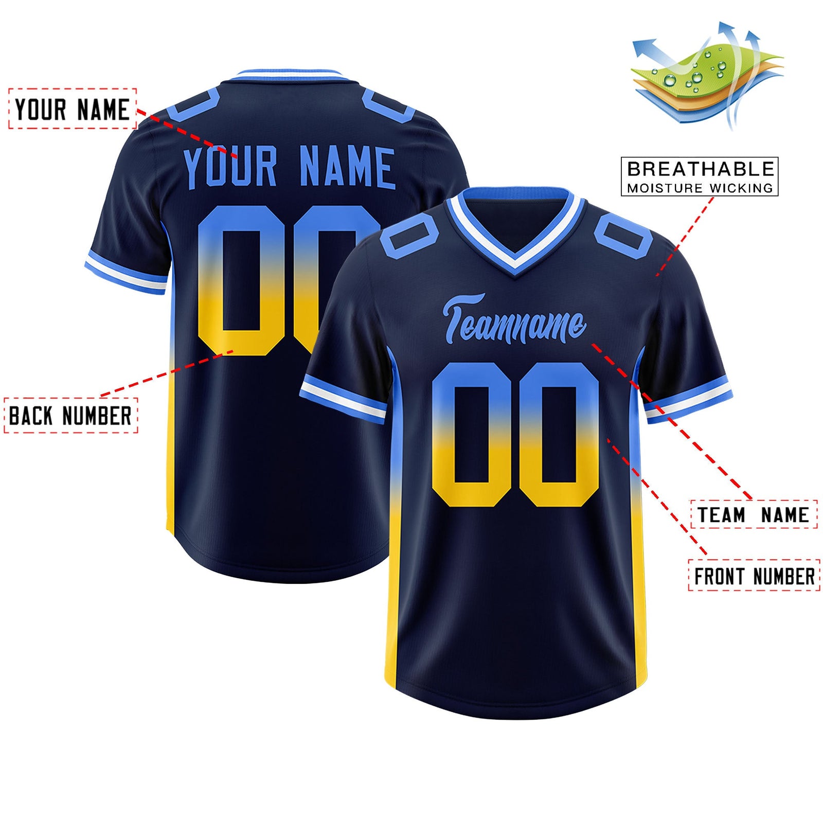 Custom Navy Powder Blue and Gold Sides Gradient Fashion Personalized Team Football Jersey