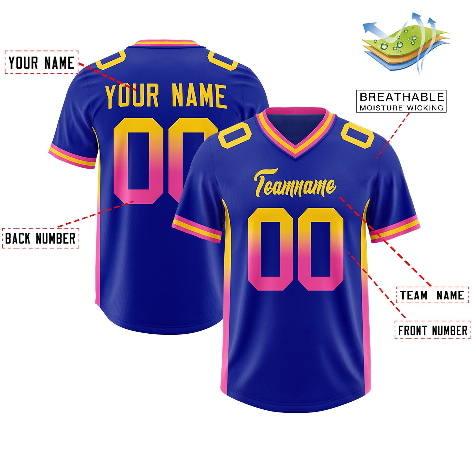 Custom Royal Gold Sides Gradient Fashion Personalized Team Football Jersey