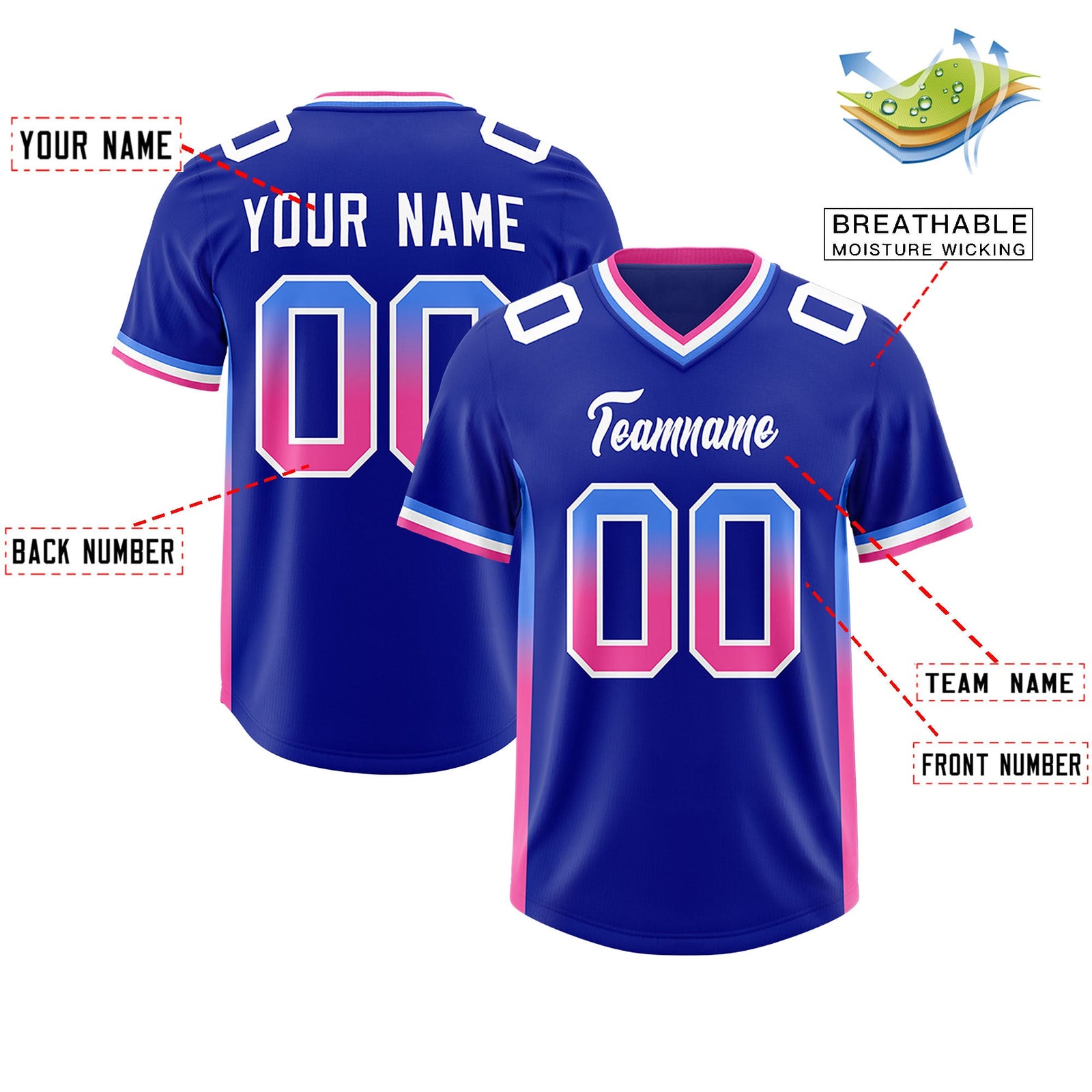Custom Royal Powder Blue and Pink Sides Gradient Fashion Personalized Team Football Jersey