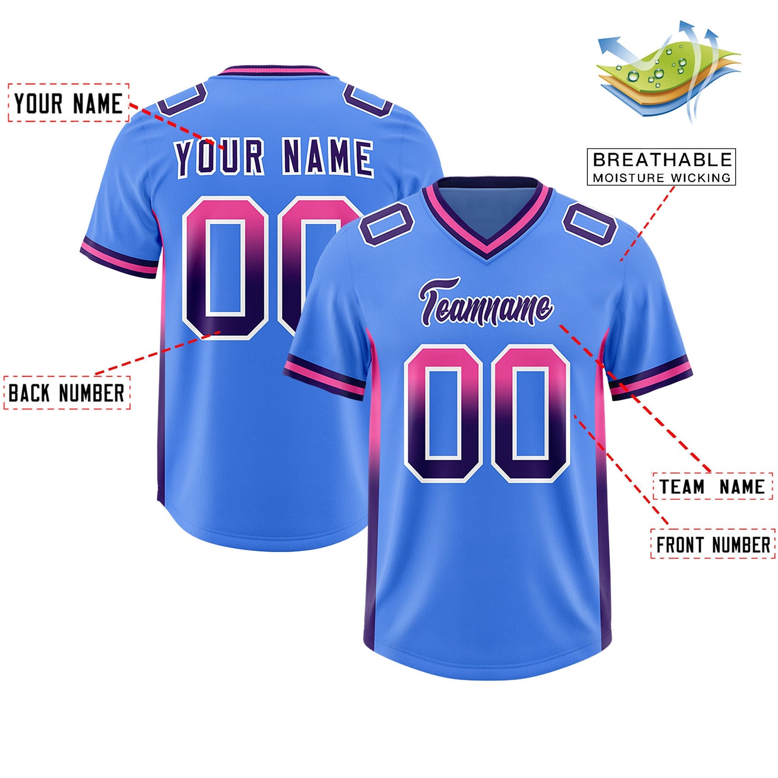 Custom Powder Blue Pink and Purple Sides Gradient Fashion Personalized Team Football Jersey