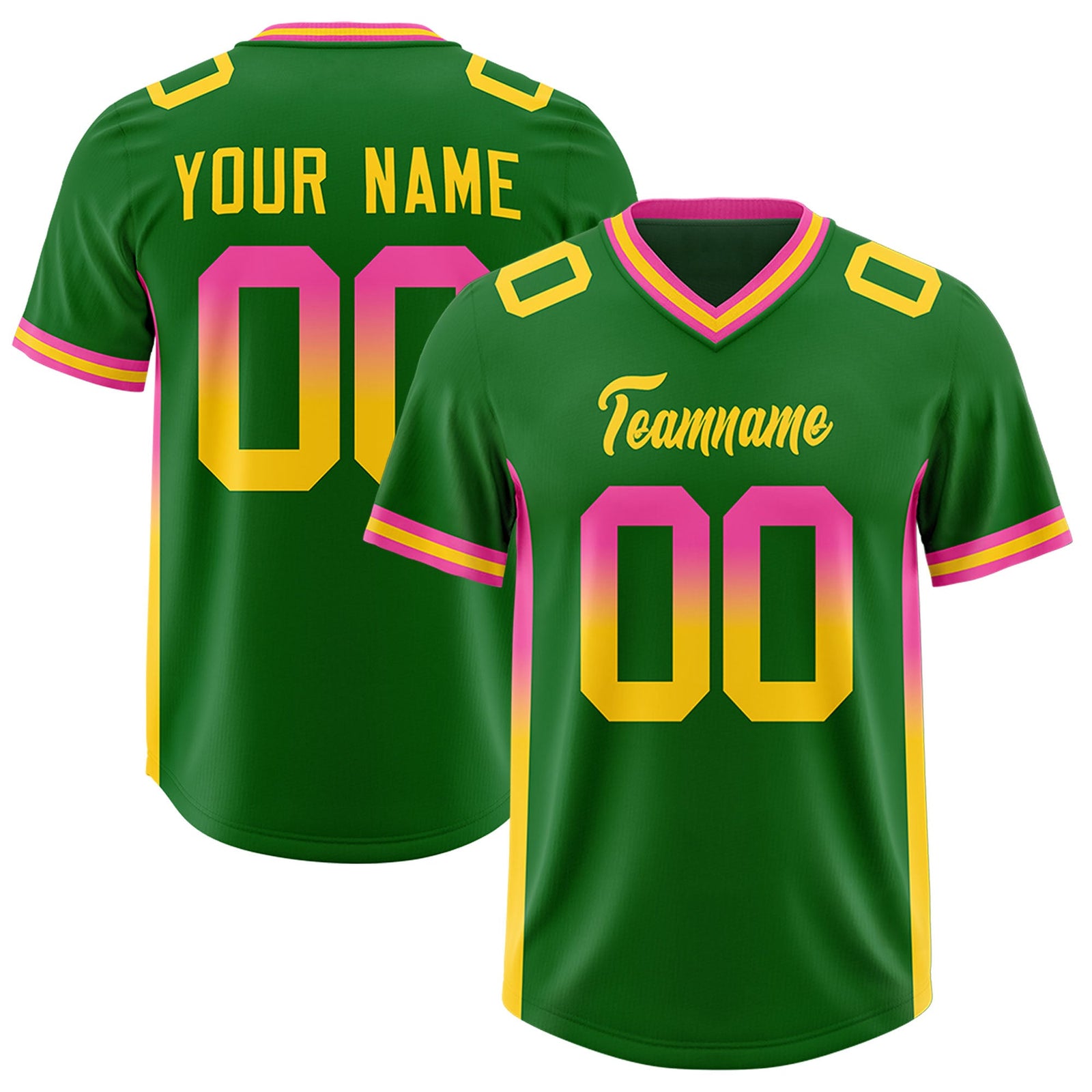 Custom Kelly Green Pink and Gold Sides Gradient Fashion Personalized Team Football Jersey