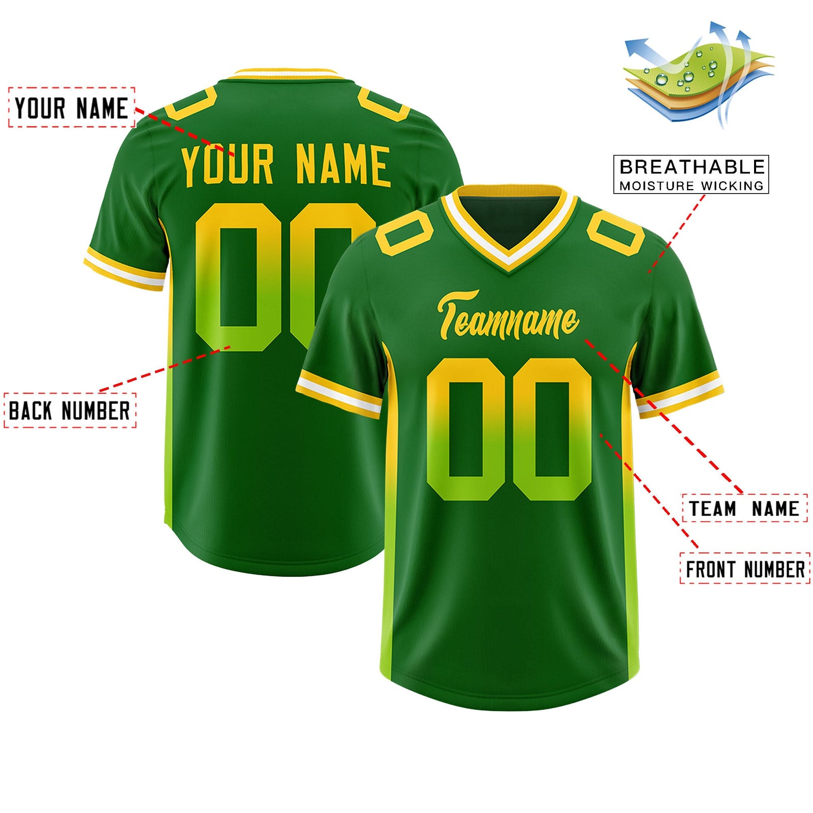 Custom Kelly Green Gold Sides Gradient Fashion Personalized Team Football Jersey