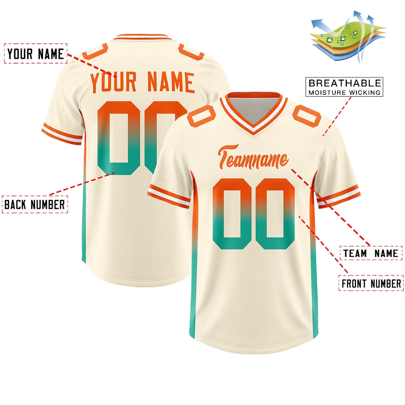 Custom Cream Orange and Bright Green Sides Gradient Fashion Personalized Team Football Jersey