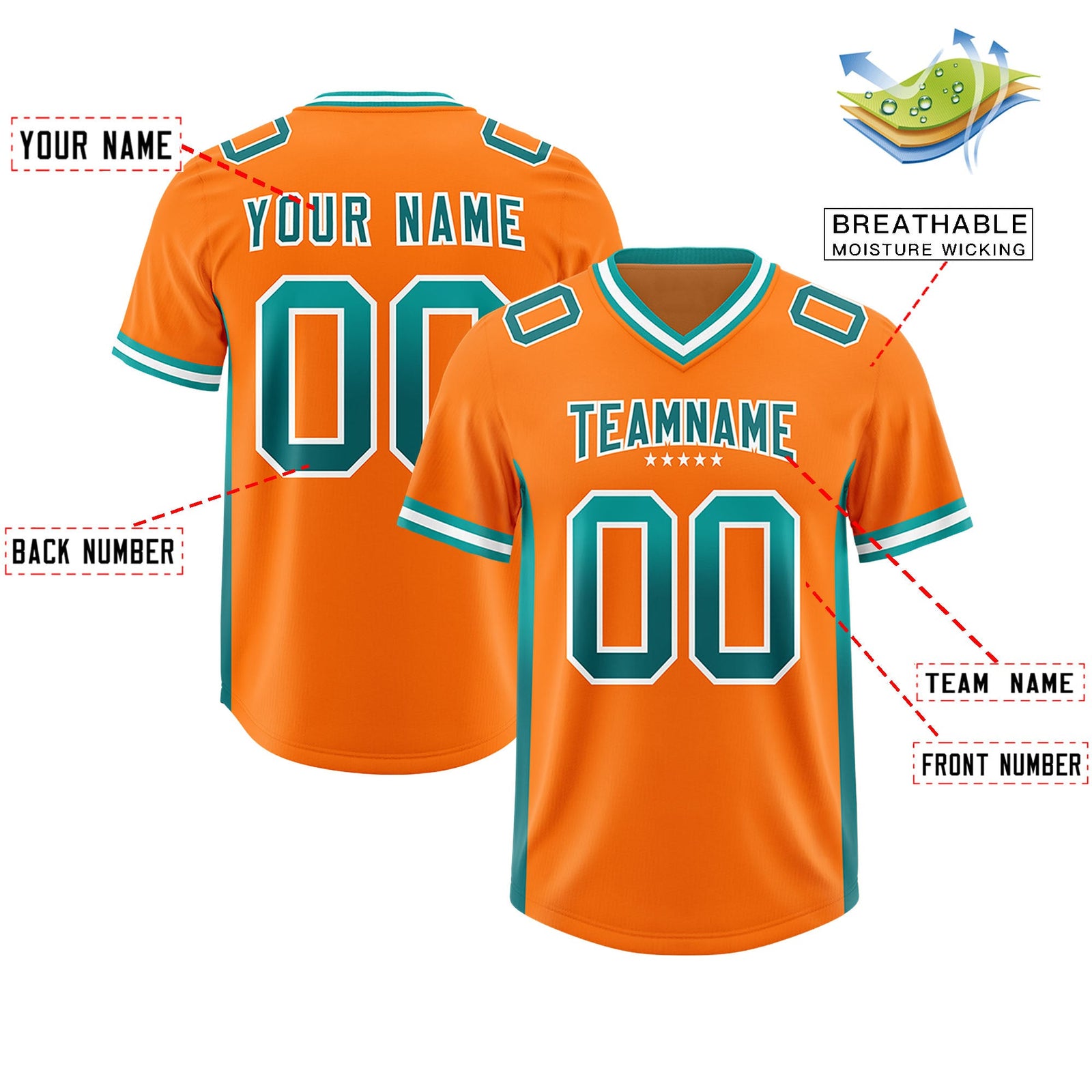 Custom Orange Aqua and Aqua Sides Gradient Fashion Personalized Team Football Jersey