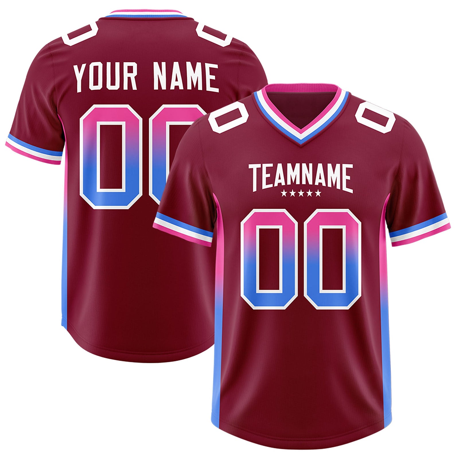 Custom Cardinal Pink and Powder Blue Sides Gradient Fashion Personalized Team Football Jersey
