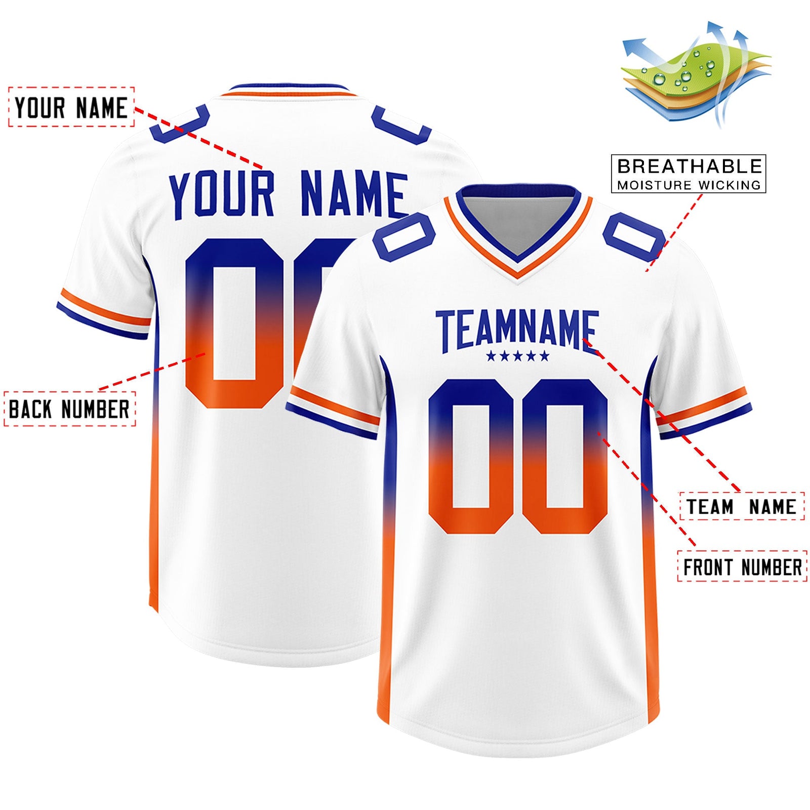 Custom White Royal and Orange Sides Gradient Fashion Personalized Team Football Jersey