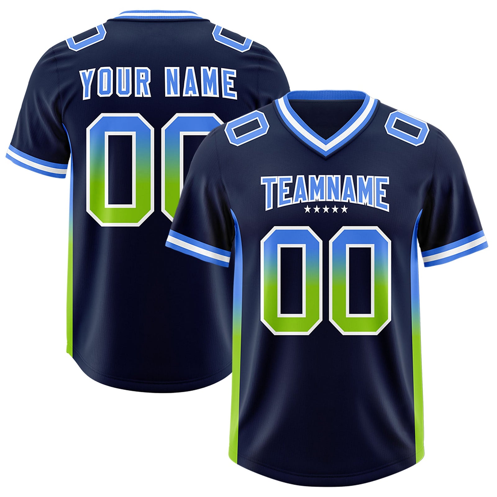 Custom Navy Powder Blue and Neon Green Sides Gradient Fashion Personalized Team Football Jersey