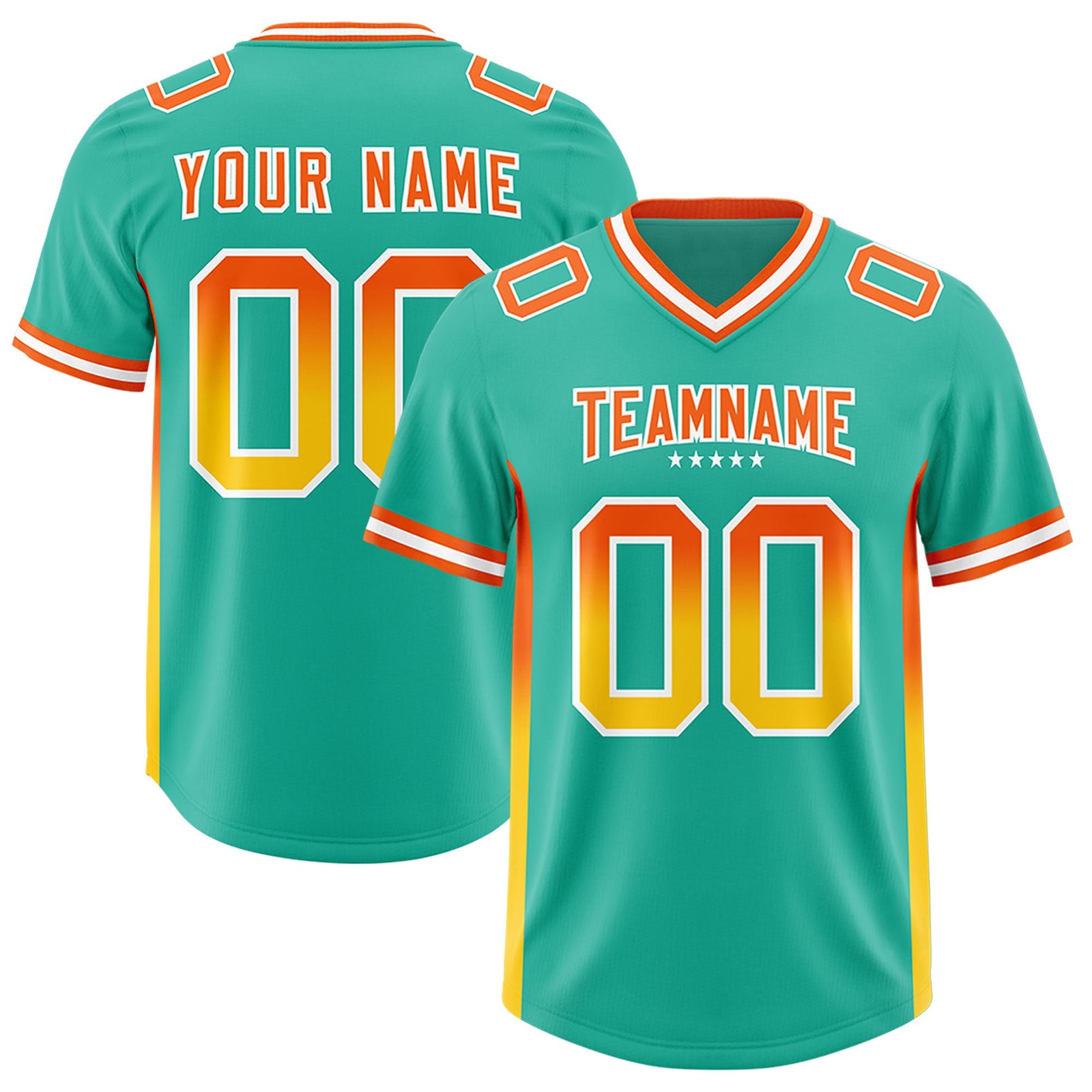 Custom Bright Green Orange and Gold Sides Gradient Fashion Personalized Team Football Jersey