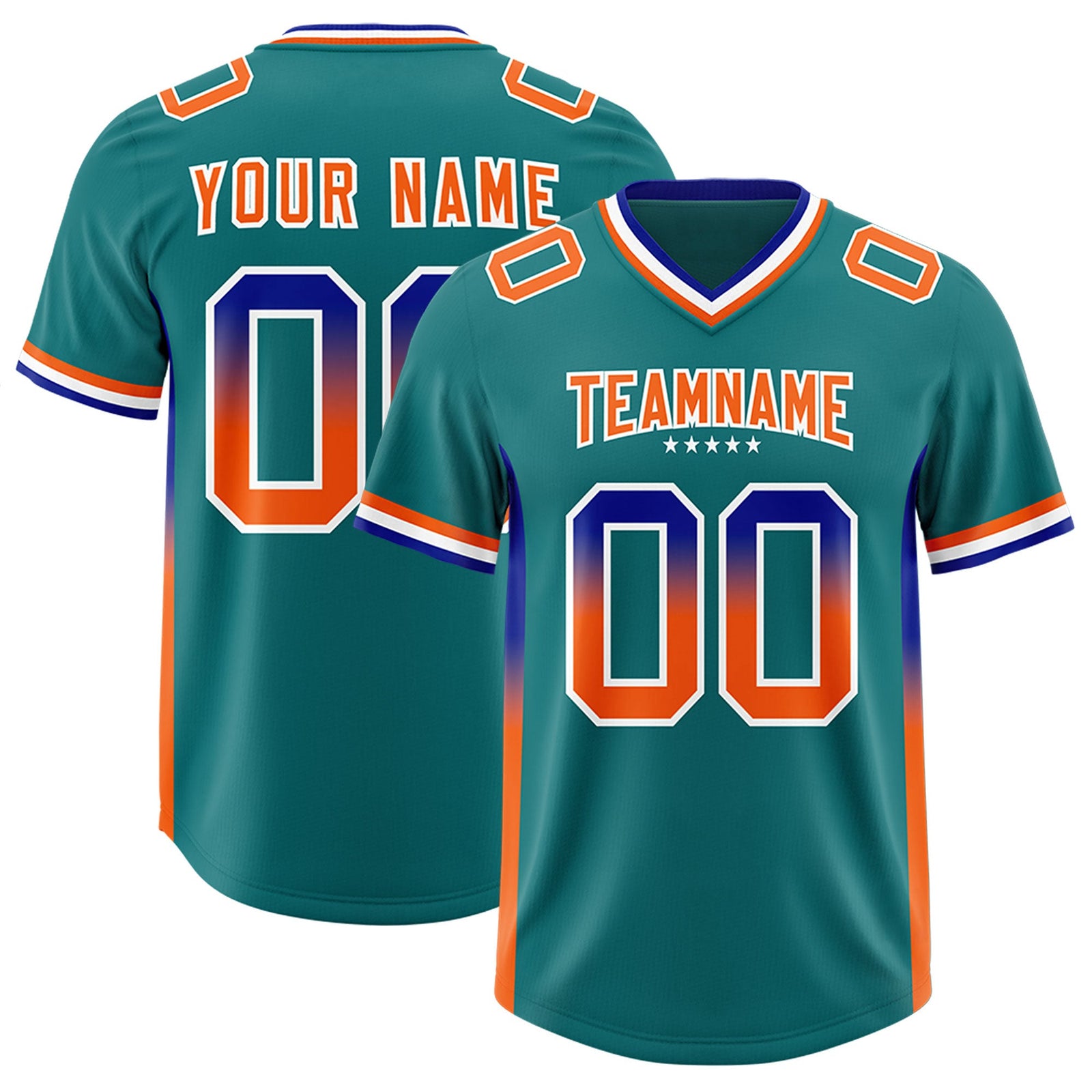Custom Aqua Royal and Orange Sides Gradient Fashion Personalized Team Football Jersey
