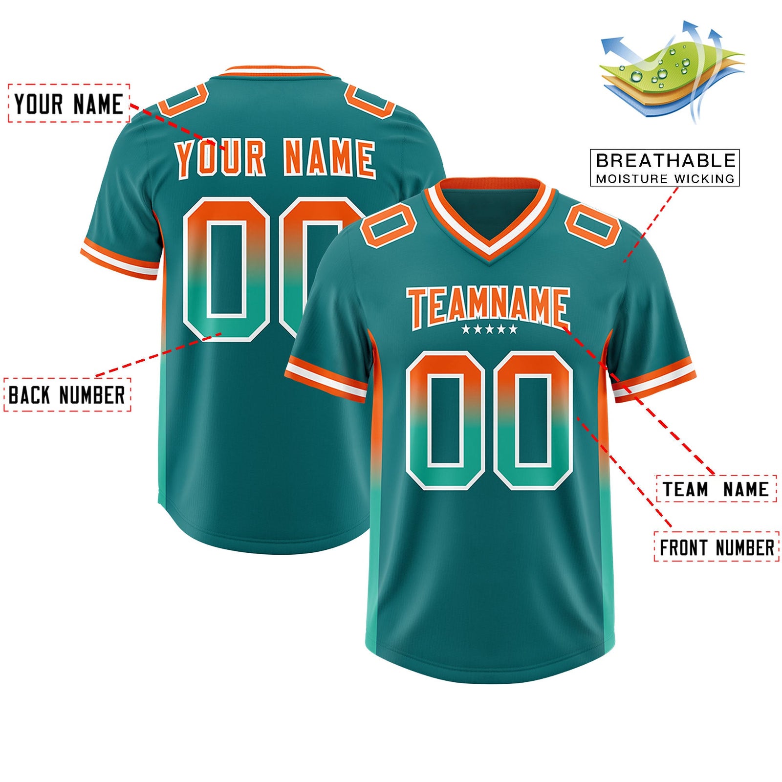 Custom Aqua Orange and Bright Green Sides Gradient Fashion Personalized Team Football Jersey