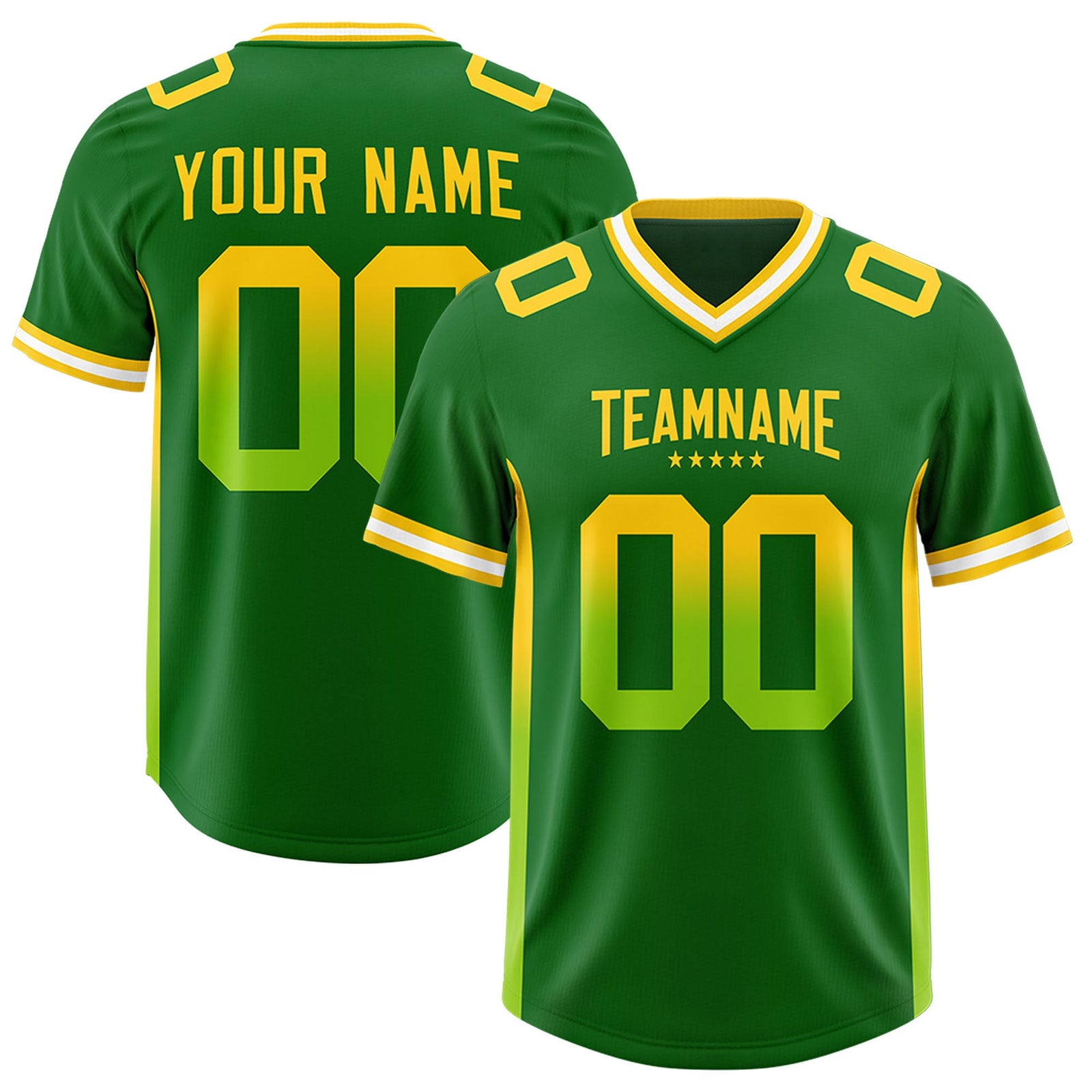 Custom Kelly Green Gold Sides Gradient Fashion Personalized Team Football Jersey
