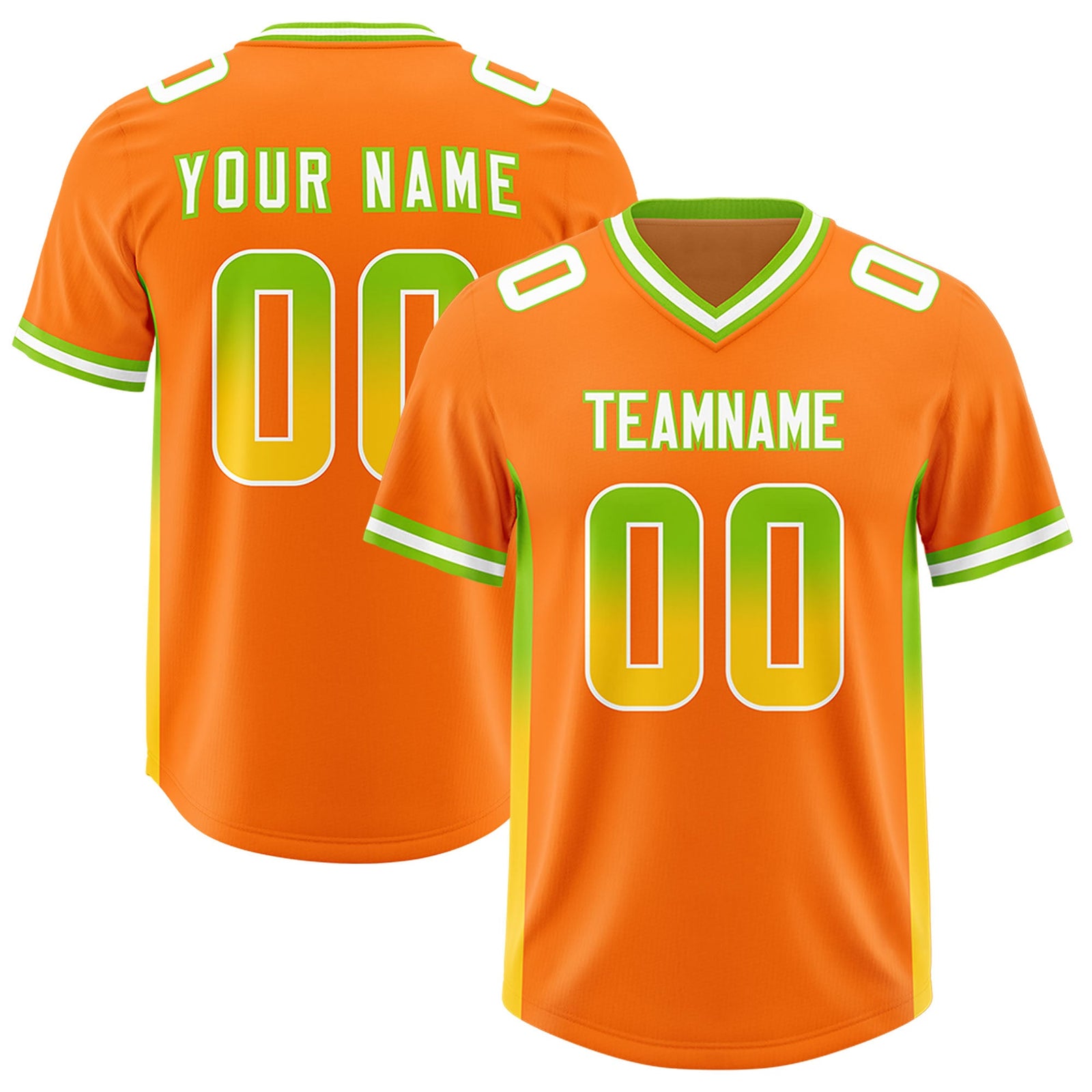 Custom Orange Neon Green and Gold Sides Gradient Fashion Personalized Team Football Jersey