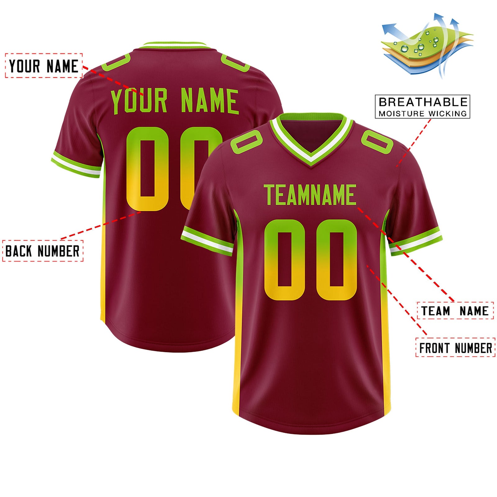 Custom Cardinal Neon Green and Gold Sides Gradient Fashion Personalized Team Football Jersey
