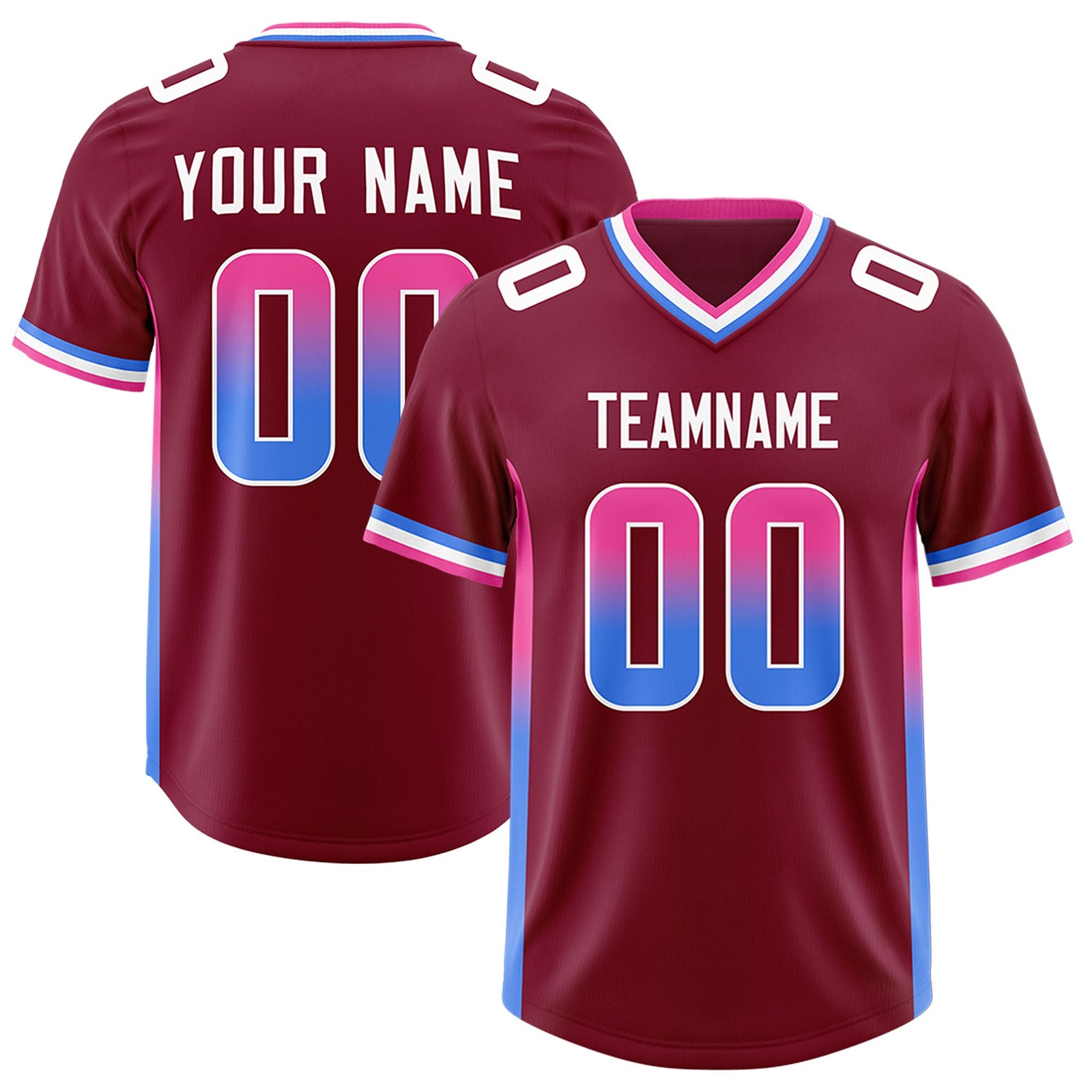 Custom Cardinal Pink and Powder Blue Sides Gradient Fashion Personalized Team Football Jersey