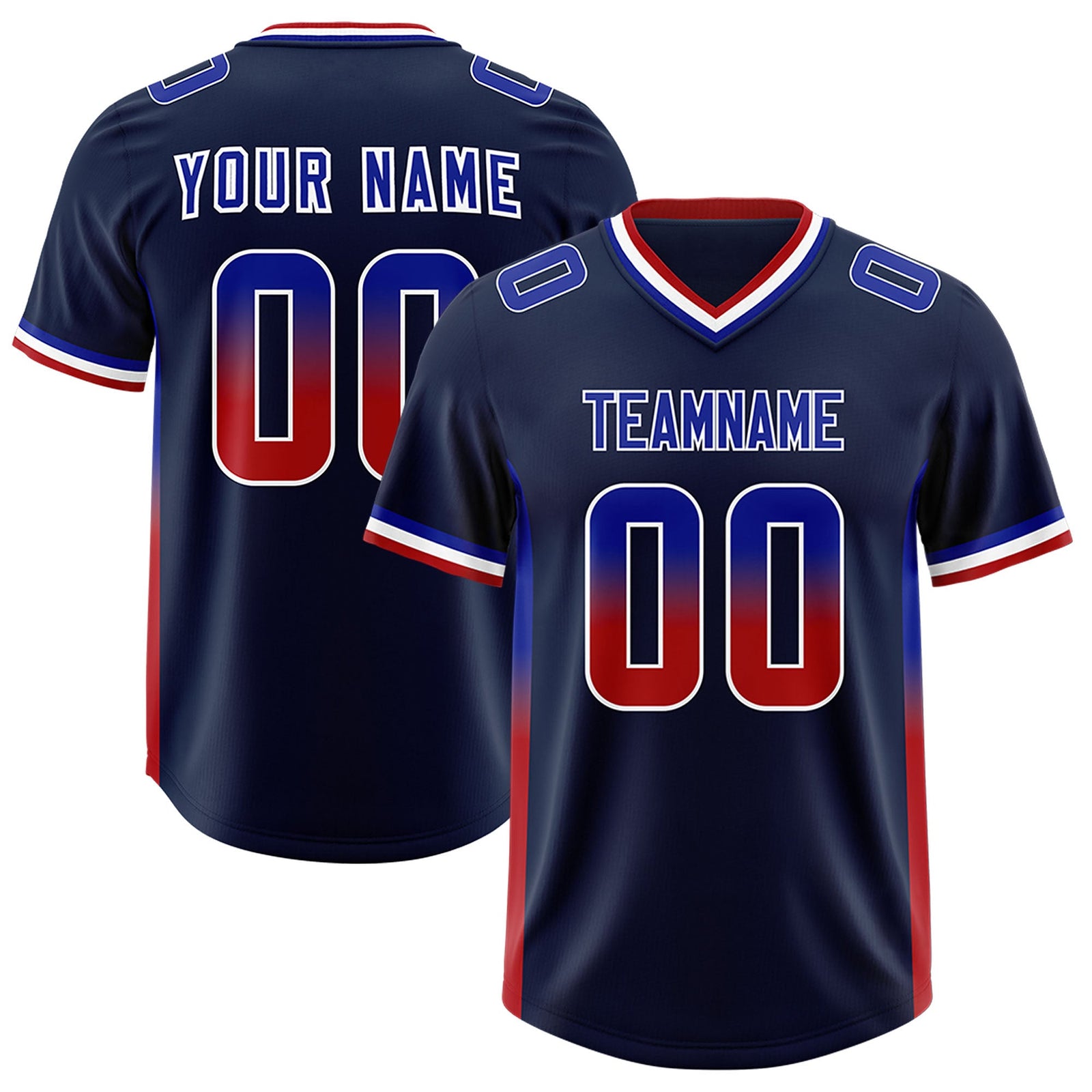 Custom Navy Royal and Red Sides Gradient Fashion Personalized Team Football Jersey