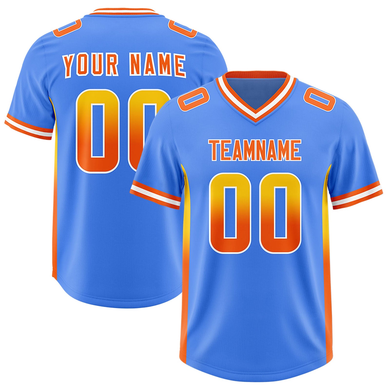 Custom Powder Blue Gold and Sides Gradient Fashion Personalized Team Football Jersey