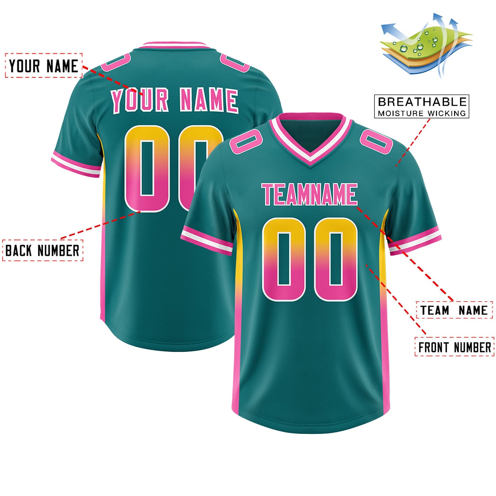 Custom Aqua Gold Sides Gradient Fashion Personalized Team Football Jersey